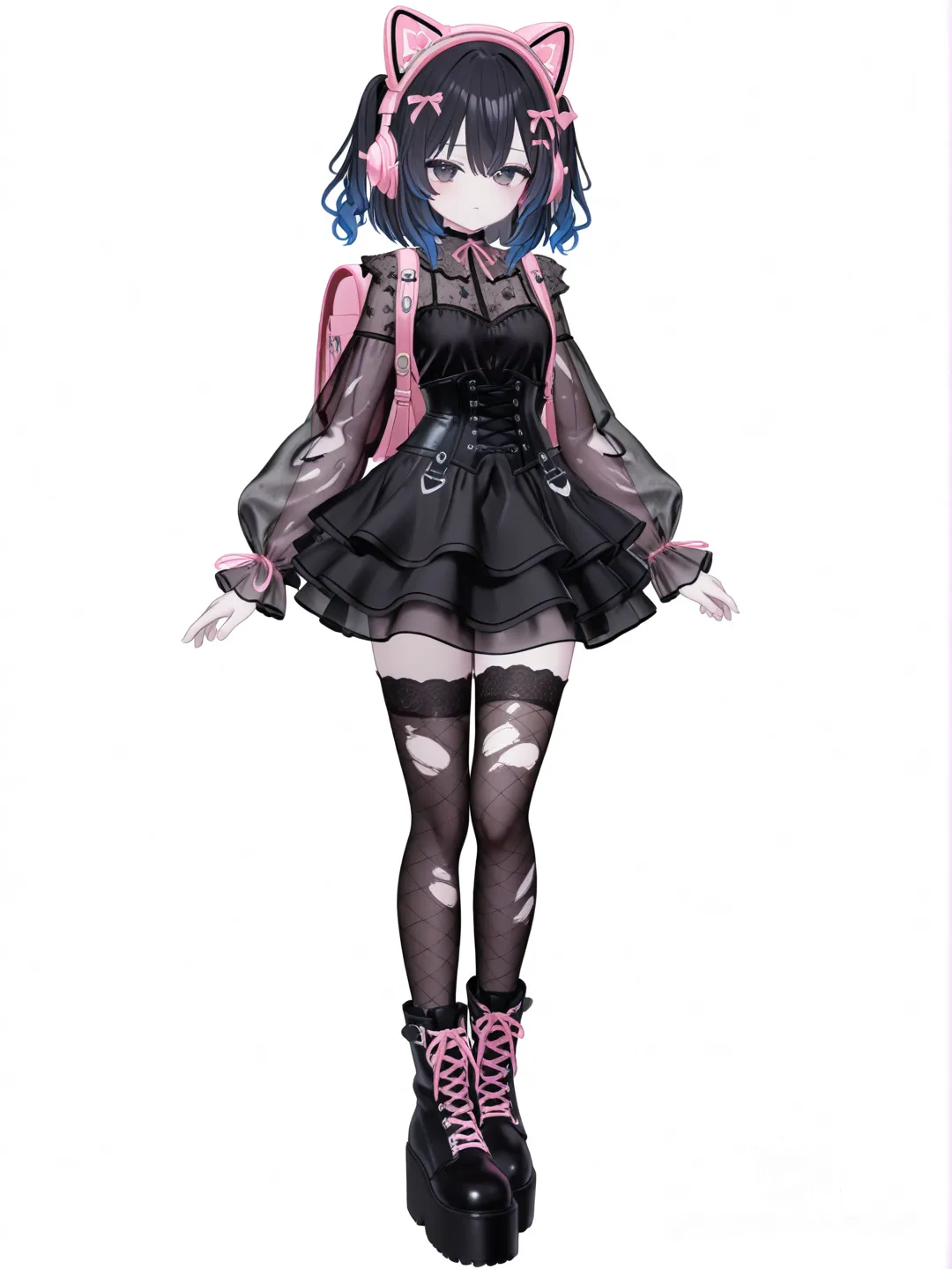 [3d-anime-style] 1girl, black hair with blue tips, pale skin, black lace blouse, form-fitting, long sleeves, see-through sleeves, pink ribbon, black corset, silver buckles, crisscross lacing, black short skirt, flared skirt, layered skirt, tulle, lace trim, frills, distressed, torn clothes, black thighhighs, fishnet thighhighs, platform boots, high boots, gothic boots, metal buckles, pink shoelaces, pink backpack, cat ear headphones, pink headphones, single character, full body, looking at viewer, anime style, simple background, white background