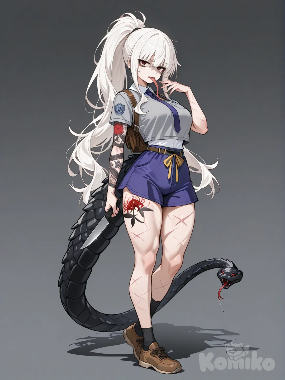 uva academy school uniform, Apparence : 
Keiko est petite, 1m55, une taille fine, des forme présente... Très présente, et des muscle fins mais puissant. 
Ses cheveux sont très long, traine presque au sole. Ils sont d'un blang pure. Elle les attache souvent en queu Haute, mais ils lui arrivent toujours au cuisses.
Et ses yeux sont rouge pâle souligné de cerne qui lui donne un regard dure. 
Elle a une cicatrice a l'oeil droit, droite et fine, qui lui fend en deux sourcil.
Audela de cela, sur tout son corps elle a des cicatrice de couteau, coups, etc, même une de balle dans la cuisse. et pointu.
sa langue est étrange, longue, 
Sur sa nuque, une tatouage de serpent qui descend dans le dos pour se transformer en colone vertébrale et fini juste au dessu des fesses en fin de queu de serpent. 
Elle a un autre tatouage sur tout d'une Lycoris rouge qui lpart de l'épaule et va jusqu'a la main. 
Elle a aussi un tatouage sur sa langue du kanji de 愛 , (l'amoure) . Vous l'aurait compris : elle adore, les tatouage... 
Elle est belle, magnifique même... 
Caracrère : 
Keiko est calme... Elle est froide avec ceux qu'elle connais pas, mais adorable avec ceux qu'elle aime. 
Contrairement a son père qui les adore et travaille parfois avec eux, Keiko ne suporte pas tout cette connerie de "héro"... Celui qui la dégoute le plus, c'est AllMight... Son sourir l'exaspère. (Irronique pour la suite)
elle a un espris stratège affûté, et une intelligence logique hore norme . 
elle respecte les règle du gang, toujours, même si parfois ça la fais chier. 
en vrai, elle est gentille, mignonne quand elle rougie parce qu'on lui a fait un compliment, ou si on la remercie pour son aide., souvent elle grogne "c'est rien... Pas besoin de me remercier, tout le monde aurait pu faire pareil..." c'est juste qu'elle n'a jamais eu de copinne... Enfin... Juste des pote avec qui elle allait tabasser les traitres.