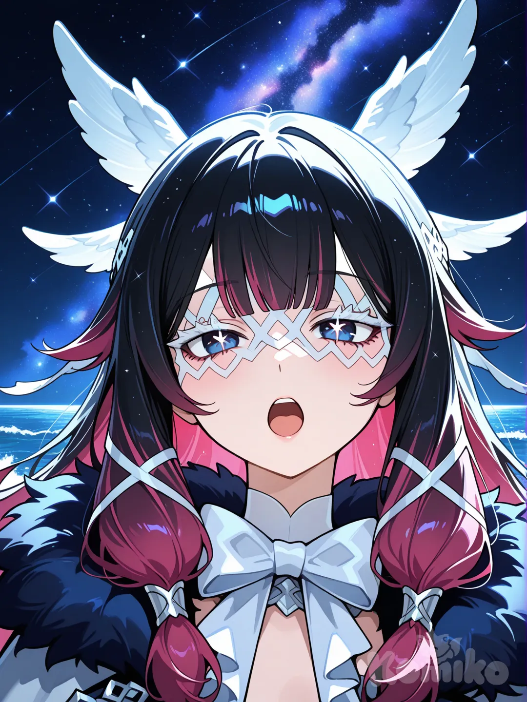 @Columbina_(Genshin_Impact), singing, dancing, front profile photo, top light, ocean, cosmic background