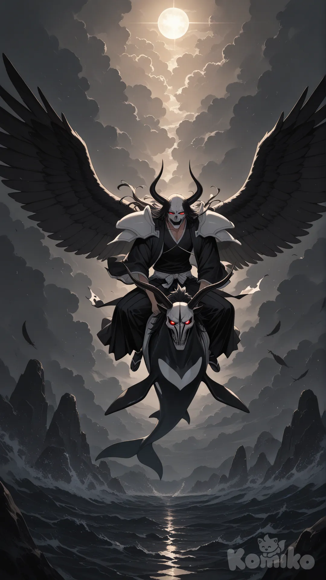 Imagen de ichigo kurosaki en forma hollow de bleach subido en una orca ( animal ) con alas de pegaso.