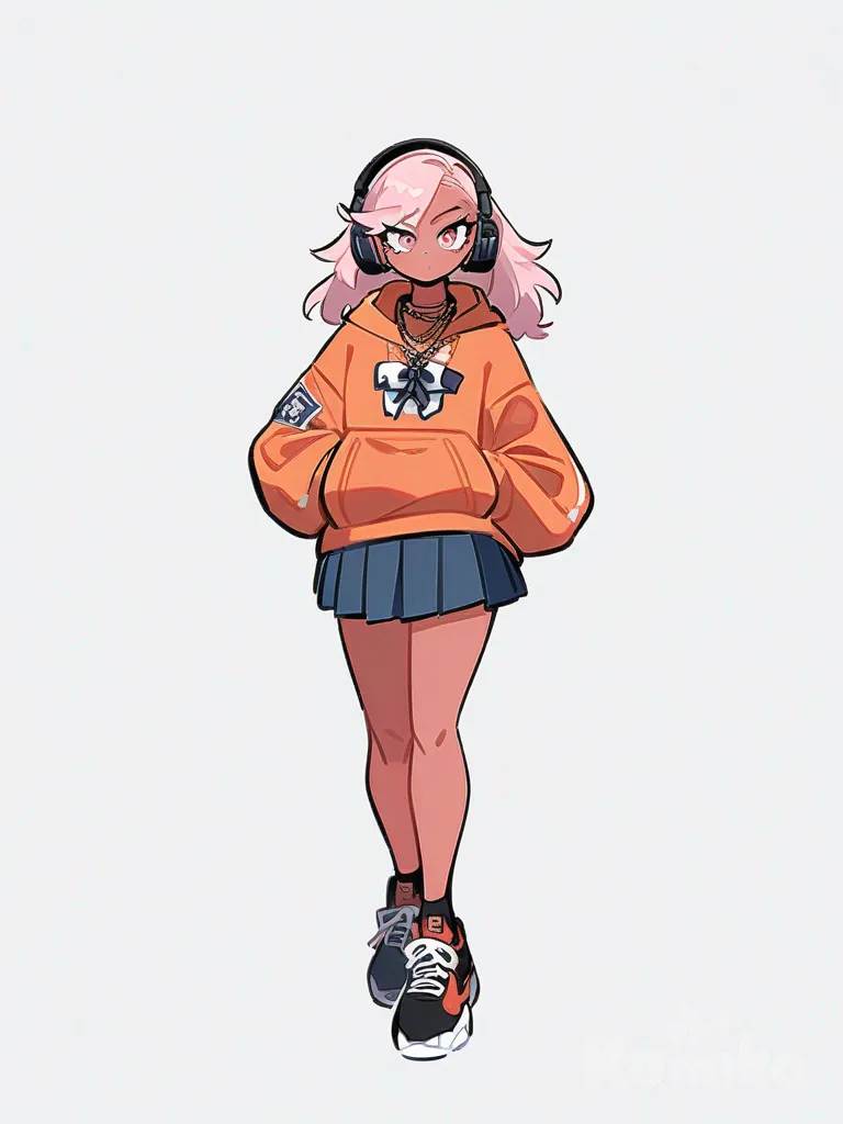 1girl, original character, My Hero Academia style, in the world of My Hero Academia, teenager, athletic, long hair, pink eyes, scar, pink hair, tan skin, hoodie, pleated skirt, digital watch, headphones, necklace, bow, single character, full body, looking at viewer, anime style, simple background, white background