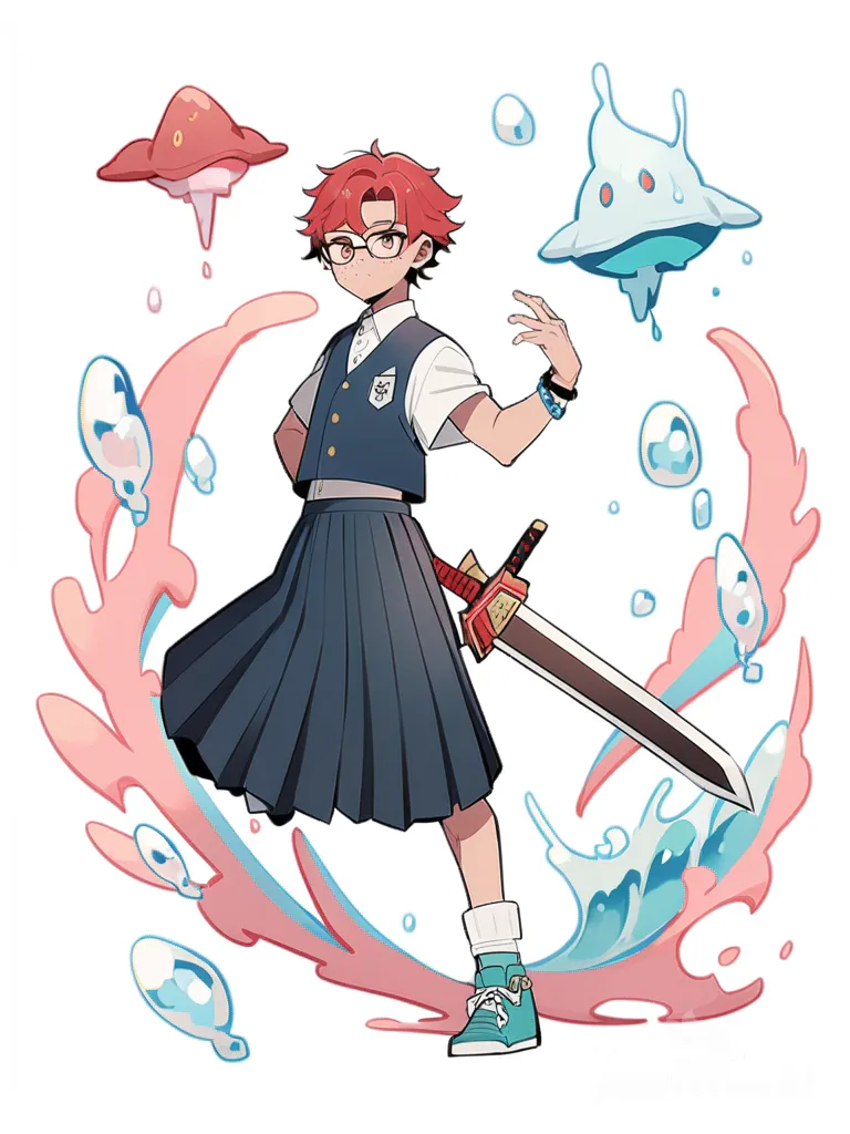 1boy, original character, Demon Slayer style, teenager, slim, red hair, pink hair, brown eyes, red eyes, scar, freckles, olive skin, school vest, pleated skirt, plastic bracelet, glasses, quartz watch, headphones, sword, water theme, single character, full body, looking at viewer, anime style, simple background, white background