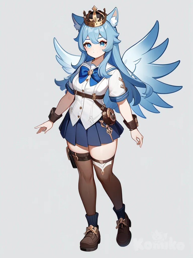 1girl, Genshin Impact style, original character in the world of Genshin Impact, teenager, curvy, athletic, long hair, blue hair, blue eyes, freckles, olive skin, school uniform, plastic, wolf ears, blue angel wings, steampunk goggles, crown, bow, single character, full body, looking at viewer, anime style, simple background, white background