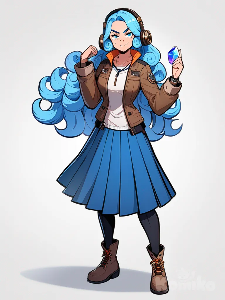 1girl, original character in the Marvel universe, Marvel style, superhuman, mature, athletic, tall, blue hair, long curly hair, blue eyes, freckles, olive skin, outdoor adventure jacket, pleated skirt, plastic quartz watch, headphones, steampunk goggles, jewelry, single character, full body, looking at viewer, simple background, white background