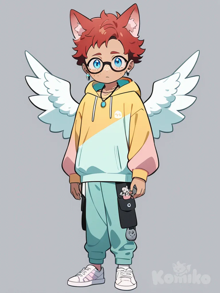 1boy, pastel colors, child, short, athletic, red hair, blue eyes, freckles, olive skin, hoodie, casual pants, plastic, wolf ears, quartz watch, earrings, necklace, glasses, angel wings, single character, full body, looking at viewer, anime style, simple background, white background