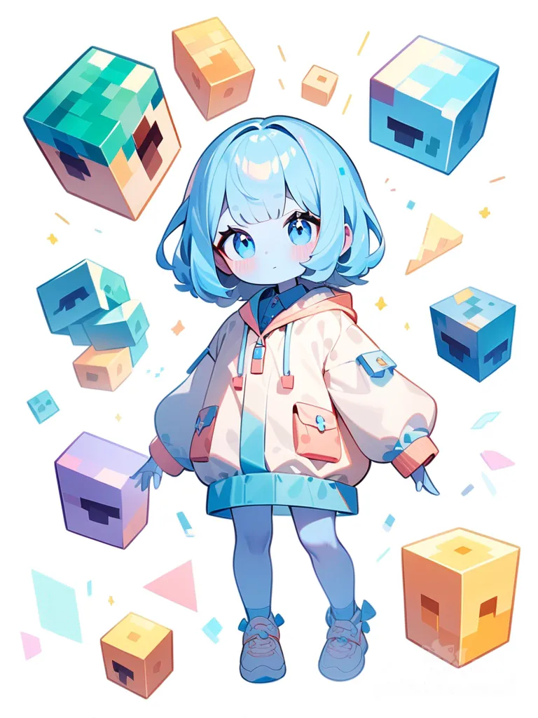 Minecraft style, blocky style, pastel colors, child, short, blue hair, blue eyes, scar, plastic, blue skin, single character, full body, looking at viewer, simple background, white background