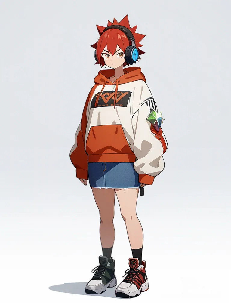 1girl, demon, teenager, tall, muscular, red hair, short spiky hair, brown eyes, scar, olive skin, hoodie, denim skirt, plastic quartz watch, headphones, single character, full body, looking at viewer, anime style, simple background, white background