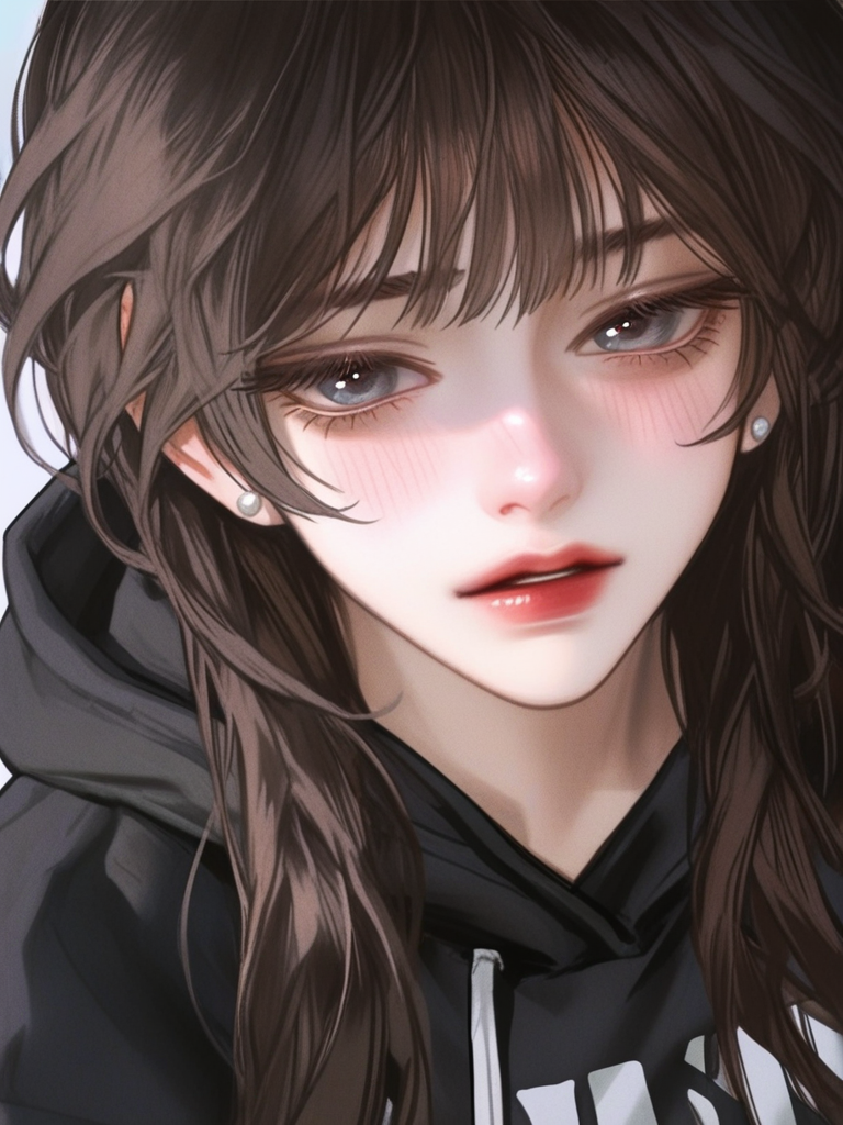 [semi-realistic-portrait-style]ผู้หญิงผมสั่นระดับหู ผมสีน้ำตาลเข้ม ตาสีน้ำตาลผสมเทาตาออกโต หน้ากลมเล็ก ปัดแก้มอมชมพูอ่อน คิ้วเรียวสวย จมูกทรงสวย ปากเล็กแดงอมชมพู ทำหน้านิ่งๆ ใส่ต่างหูเล็กๆ ใส่เสื้อหู้ดสีดำ ภามพจากมุมสูง