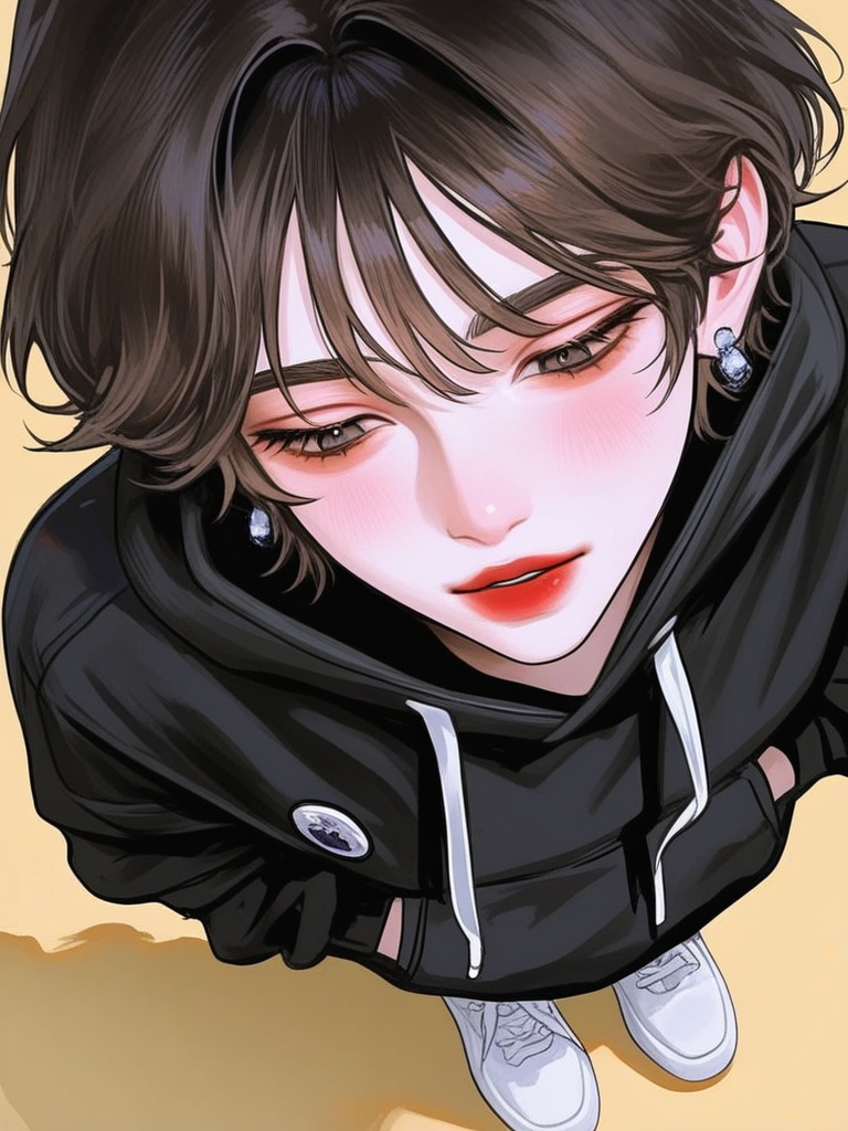 [polished-illustration-style], ผู้หญิงผมสั่นระดับหู ผมสีน้ำตาลเข้ม ตาสีน้ำตาลผสมเทาตาออกโต หน้ากลมเล็ก ปัดแก้มอมชมพูอ่อน คิ้วเรียวสวย จมูกทรงสวย ปากเล็กแดงอมชมพู ทำหน้านิ่งๆ ใส่ต่างหูเล็กๆ ใส่เสื้อหู้ดสีดำ ภาพเต็มตัวจากมุมสูง, hands in pockets