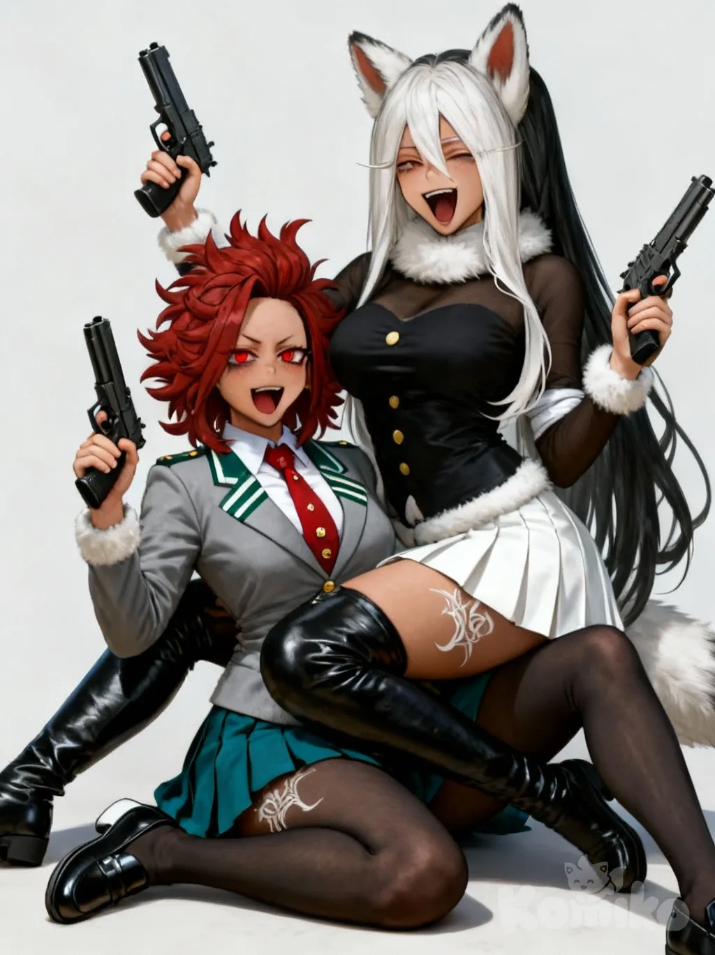 @takara-oAC0, @samiyah-fox-ZjRA , [semi-realistic-portrait-style], holding gun, sitting on lap, open mouth, smirk, sitting on the ground, 2girls