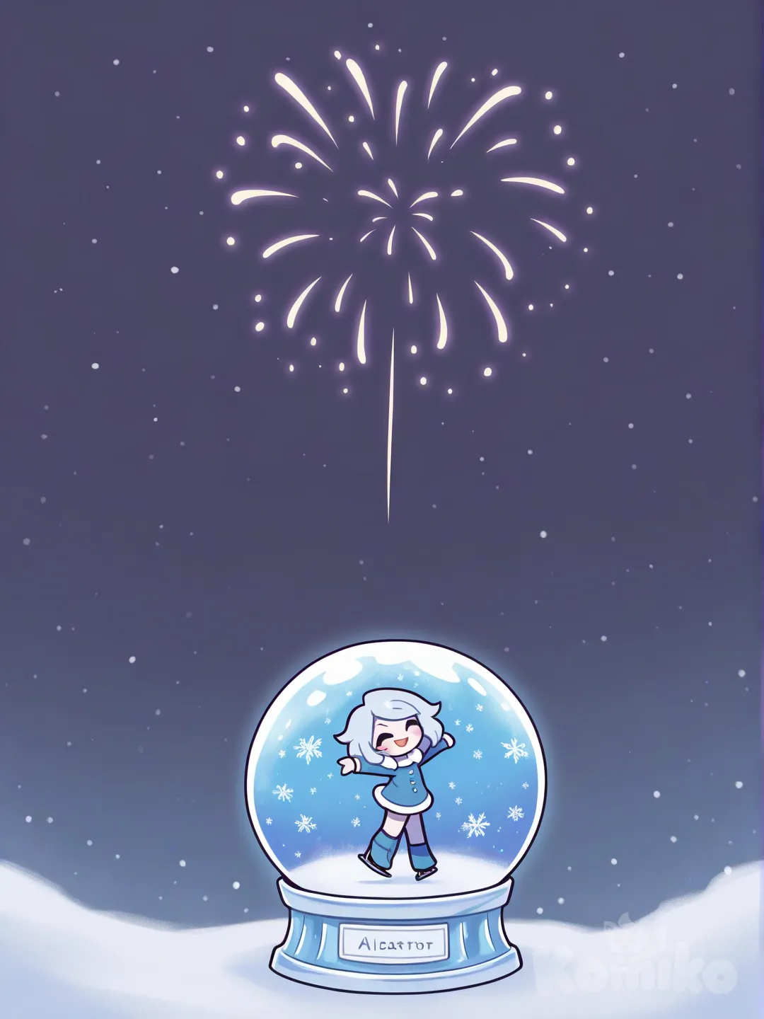 @Alastor_The_Radio_Demon он чиби, катается на коньках, вокруг фейерверк. Вся сцена заключена внутри огромного снежного шара , [pop-toon-style]