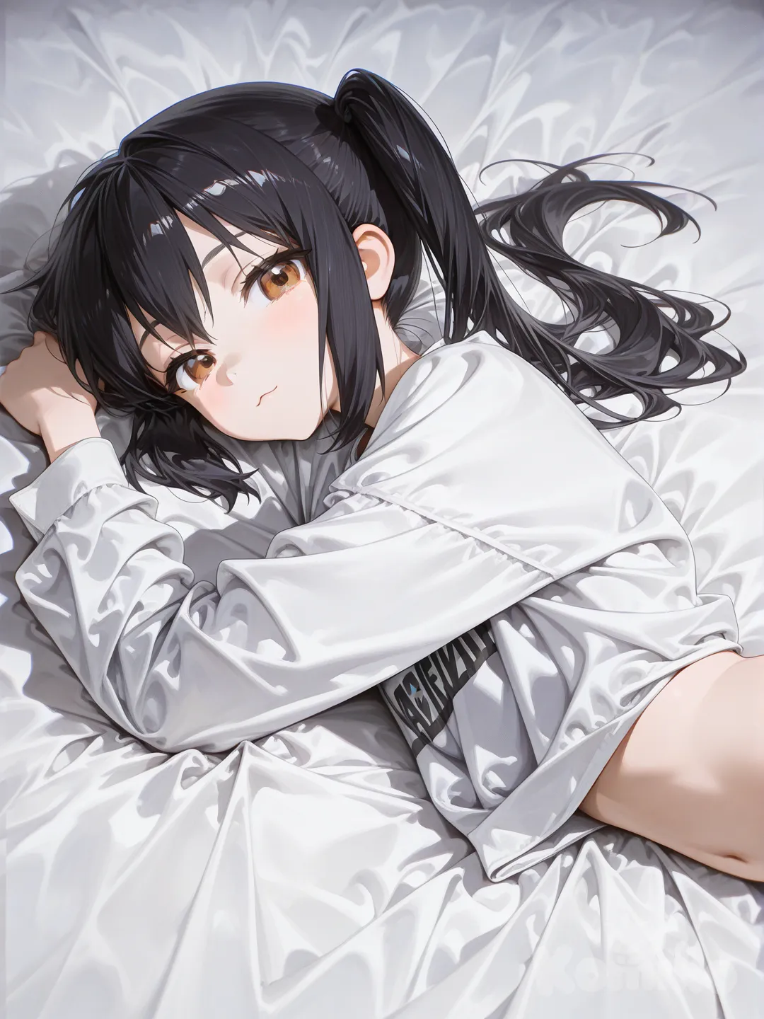 @Nakano_Azusa, lie on stomache, bohemian shirt, from above, [high-gloss-illustration-style]