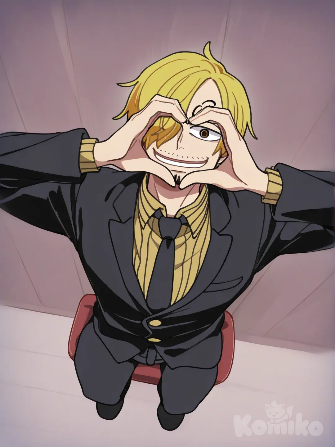 @Sanji_(One_Piece), heart hands, sitting on the ground, from above, upper body, [clean-lines-style]