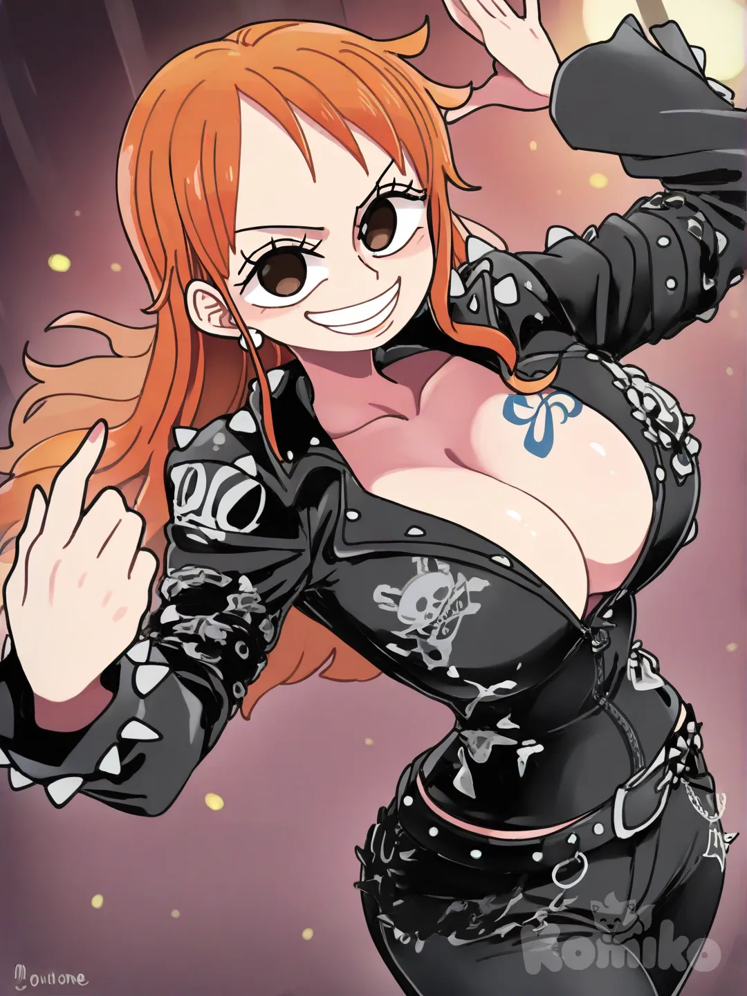 @Nami_(One_Piece), dancing, punk leather jacket, [clean-lines-style]