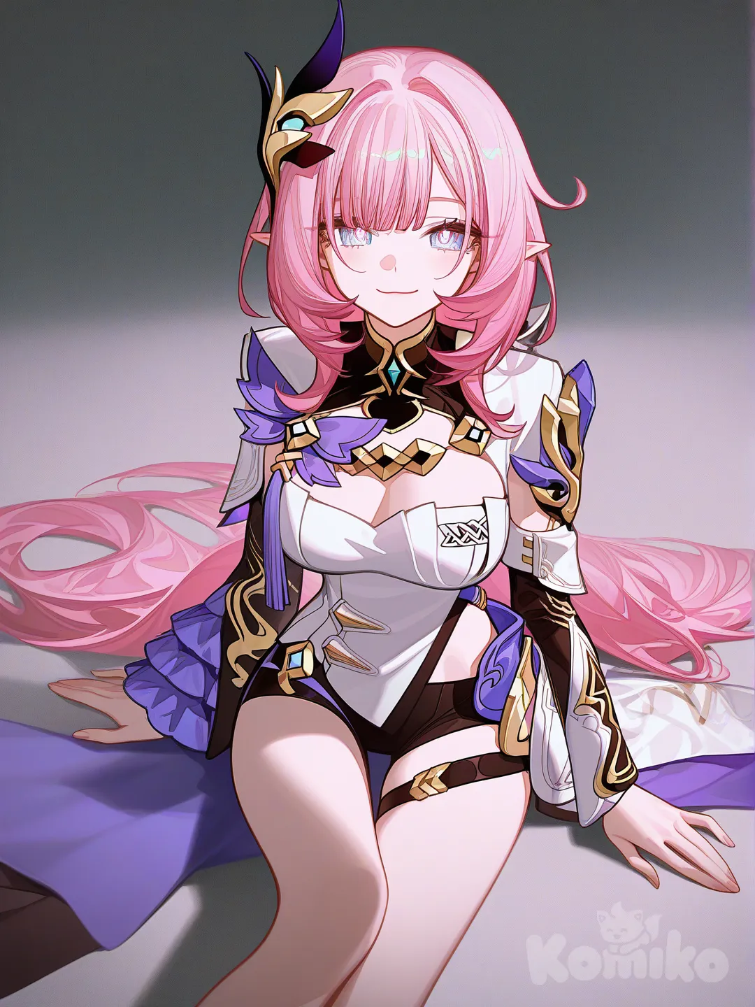 @Elysia_(Honkai_Impact), sitting on the ground, looking at viewer, medium long shot, [high-contrast-glossy-style]