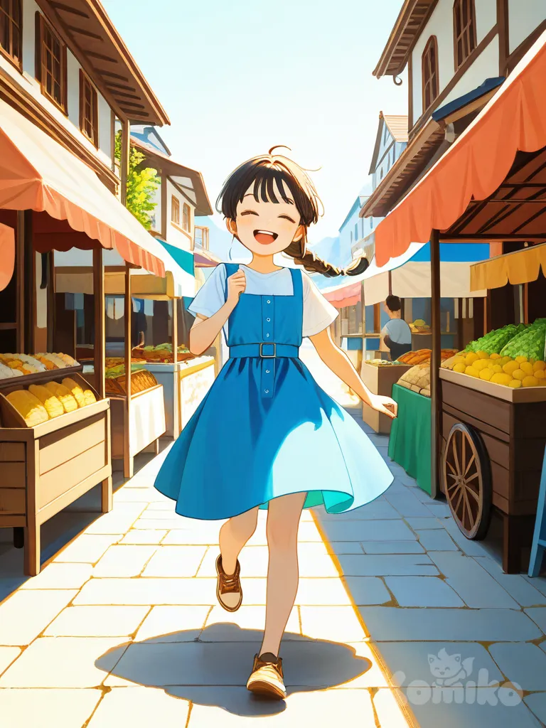 Une matinée douce dans un village tunisien, maisons blanches et ruelles baignées de soleil. Deuxième plan Des enfants jouent, des femmes papotent au marché.
 Premier plan : Lina, 10 ans, rit et court avec ses amies, une tresse qui danse. 
 “Dans le village de Lina, on grandit entre les contes, les parfums de jasmin et les secrets des anciens.”, 1girl, watercolor (medium)