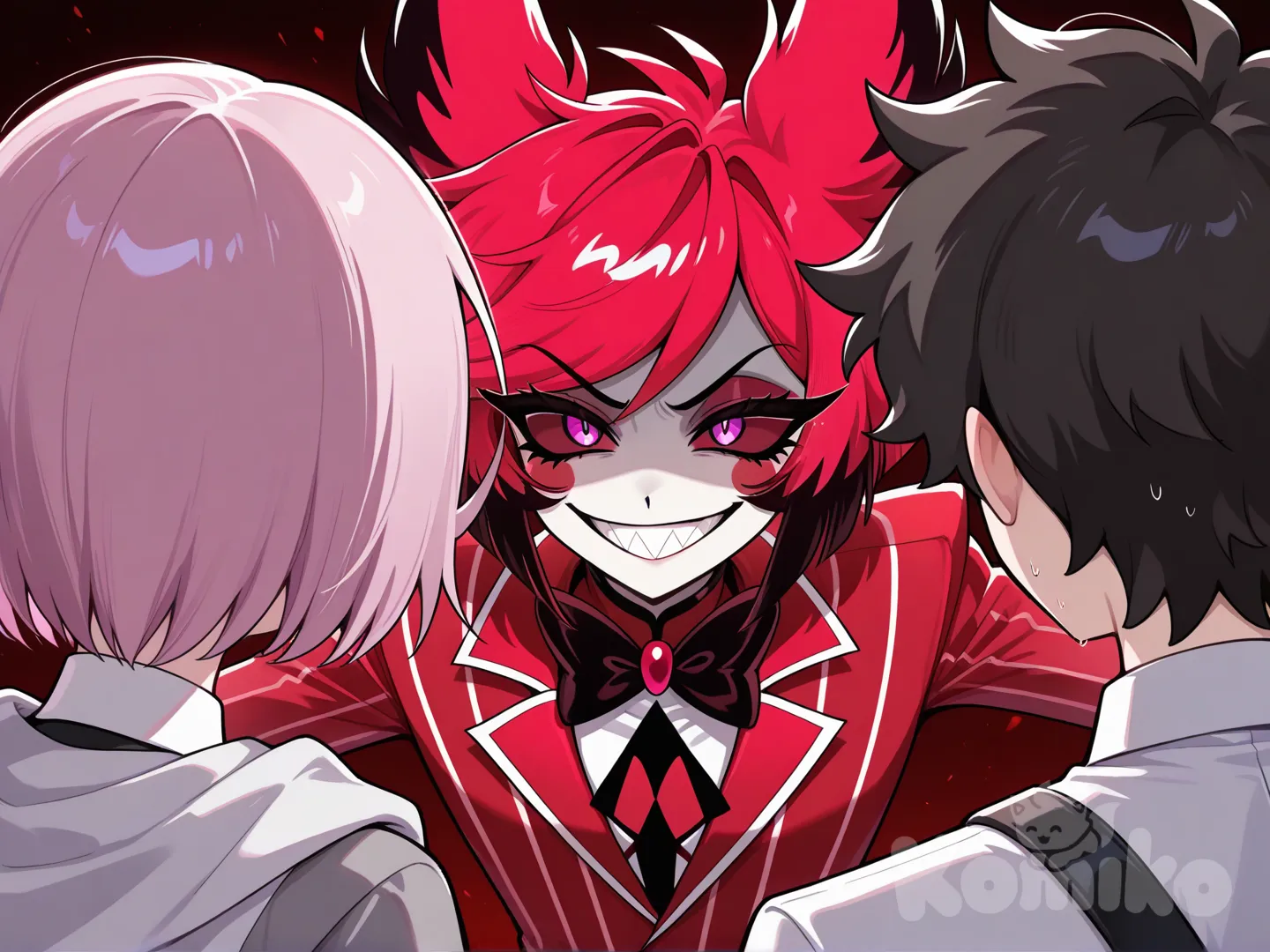 fujimaru ritsuka (male), fear, behind from mash kyrielight. 

mash kyrielight, serious, angry, face to face with @Alastor_The_Radio_Demon, firm, evil smile