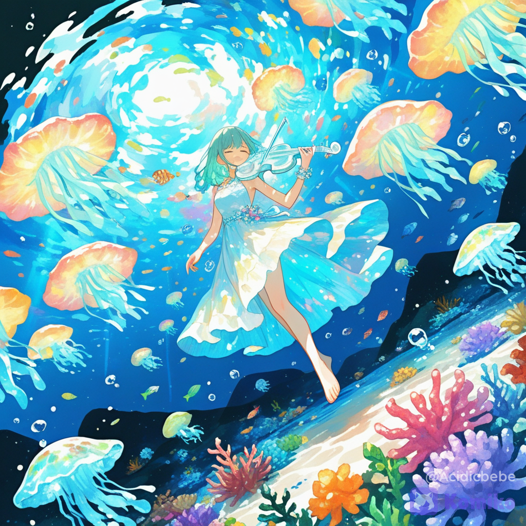 1girl, solo, original character, underwater violinist, long aqua hair floating underwater, elegant white and blue dress, playing a crystal violin, enormous glowing jellyfish surrounding her, colorful coral reef, schools of luminous fish, sun rays piercing through the ocean surface, bubbles, magical underwater kingdom, peaceful fantasy atmosphere, cinematic composition, newest, absurdres, ultra vibrant colors, soft volumetric light, anime fantasy, 8k, [sweet-painting-style]