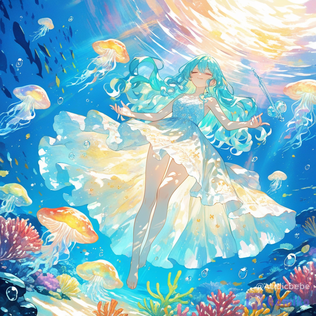 1girl, solo, original character, underwater violinist, long aqua hair floating underwater, elegant white and blue dress, playing a crystal violin, enormous glowing jellyfish surrounding her, colorful coral reef, schools of luminous fish, sun rays piercing through the ocean surface, bubbles, magical underwater kingdom, peaceful fantasy atmosphere, cinematic composition, newest, absurdres, ultra vibrant colors, soft volumetric light, anime fantasy, 8k, [sweet-painting-style]