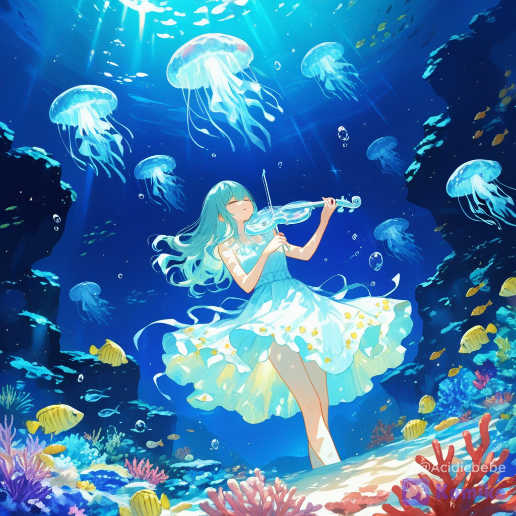 1girl, solo, original character, underwater violinist, long aqua hair floating underwater, elegant white and blue dress, playing a crystal violin, enormous glowing jellyfish surrounding her, colorful coral reef, schools of luminous fish, sun rays piercing through the ocean surface, bubbles, magical underwater kingdom, peaceful fantasy atmosphere, cinematic composition, newest, absurdres, ultra vibrant colors, soft volumetric light, anime fantasy, 8k, [sweet-painting-style]