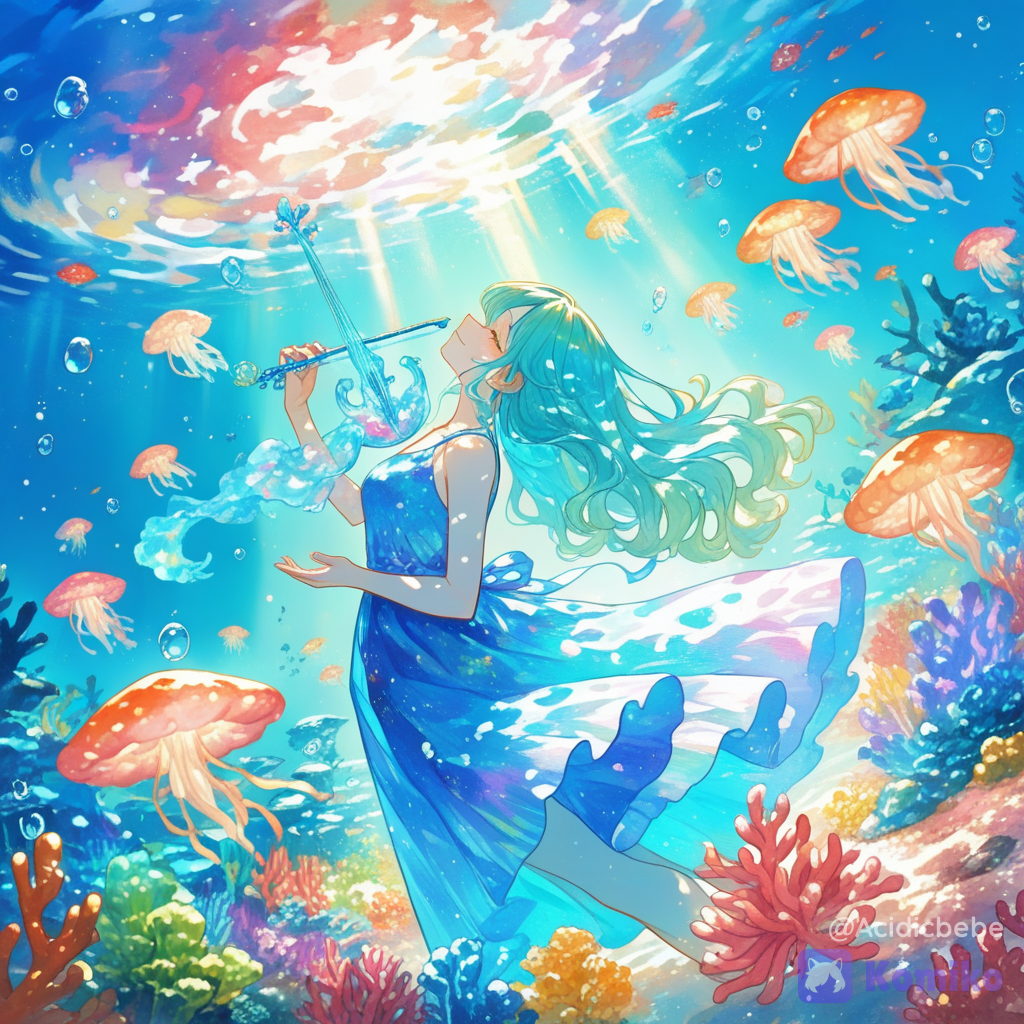 1girl, solo, original character, underwater violinist, long aqua hair floating underwater, elegant white and blue dress, playing a crystal violin, enormous glowing jellyfish surrounding her, colorful coral reef, schools of luminous fish, sun rays piercing through the ocean surface, bubbles, magical underwater kingdom, peaceful fantasy atmosphere, cinematic composition, newest, absurdres, ultra vibrant colors, soft volumetric light, anime fantasy, 8k, [sweet-painting-style]