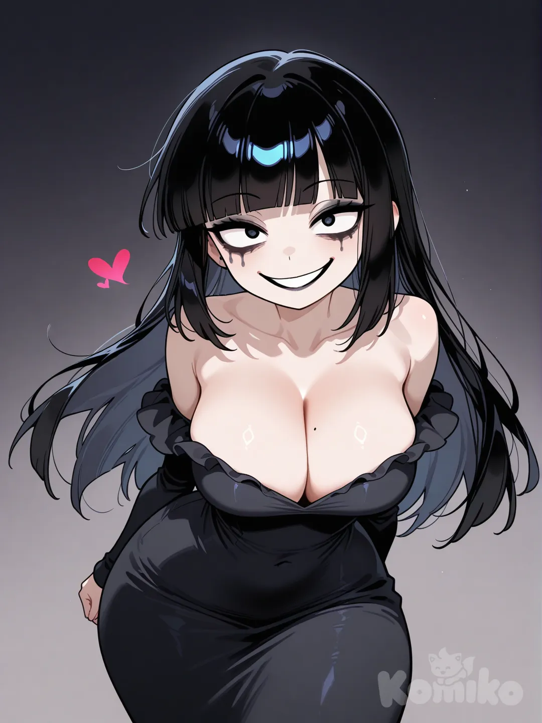 Creepy Susie, black hair, sexy, big breast, nice curves, runny makeup, crazy face, wearing a long black dress