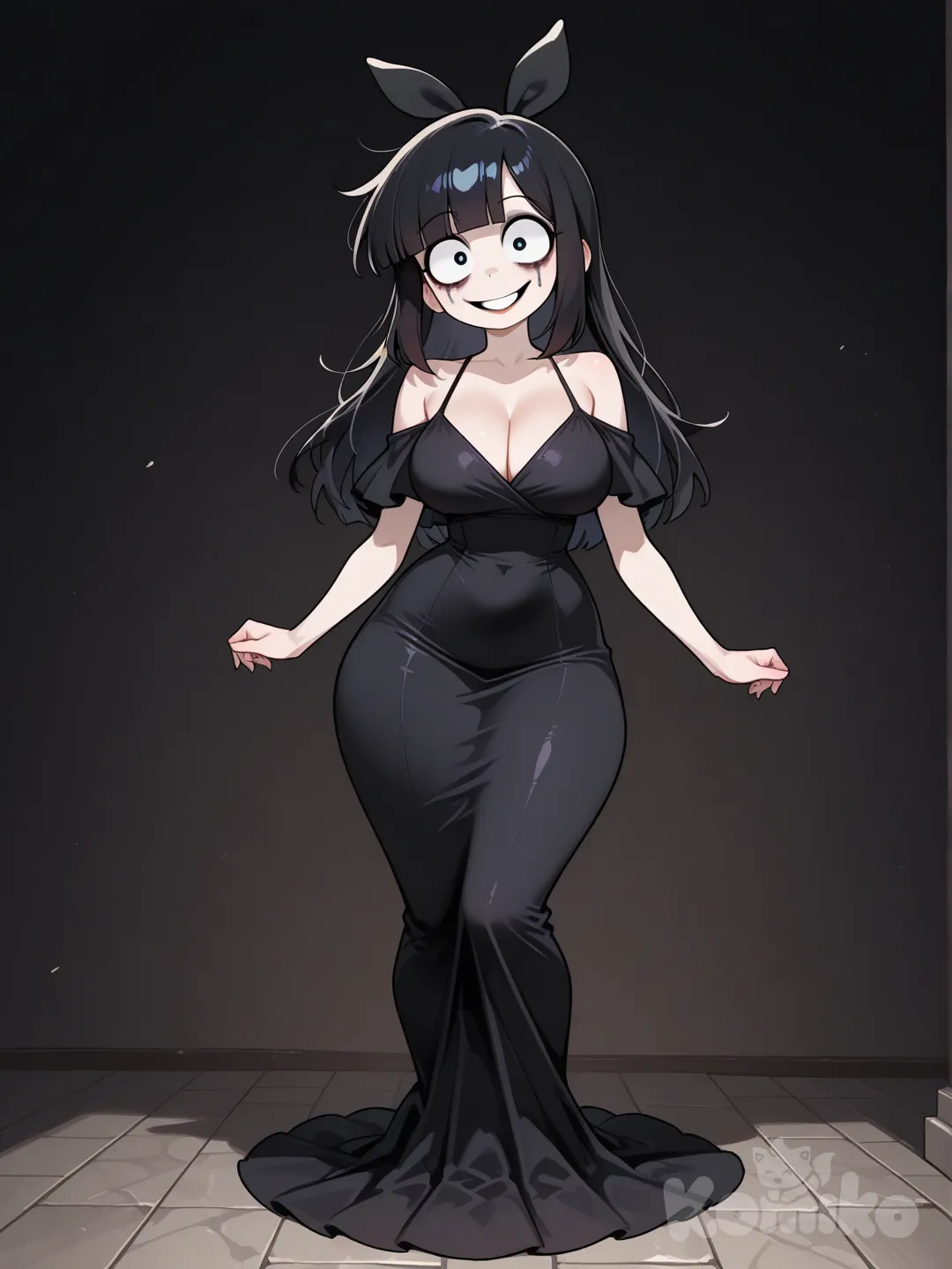Creepy Susie, black hair, sexy, big breast, nice curves, runny makeup, crazy face, wearing a long black dress