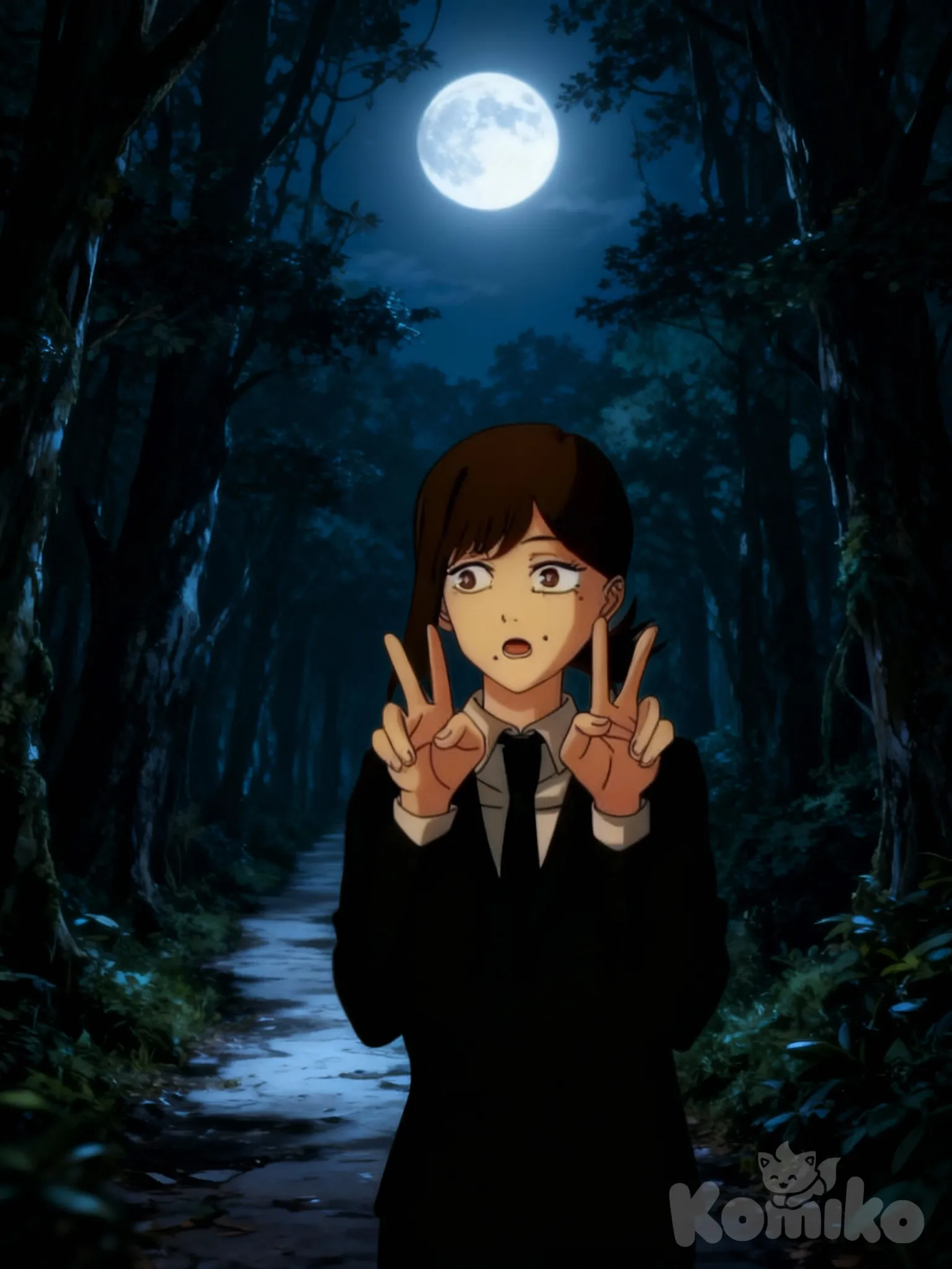 18+, ella caminaba en un bosque y había Luna llena