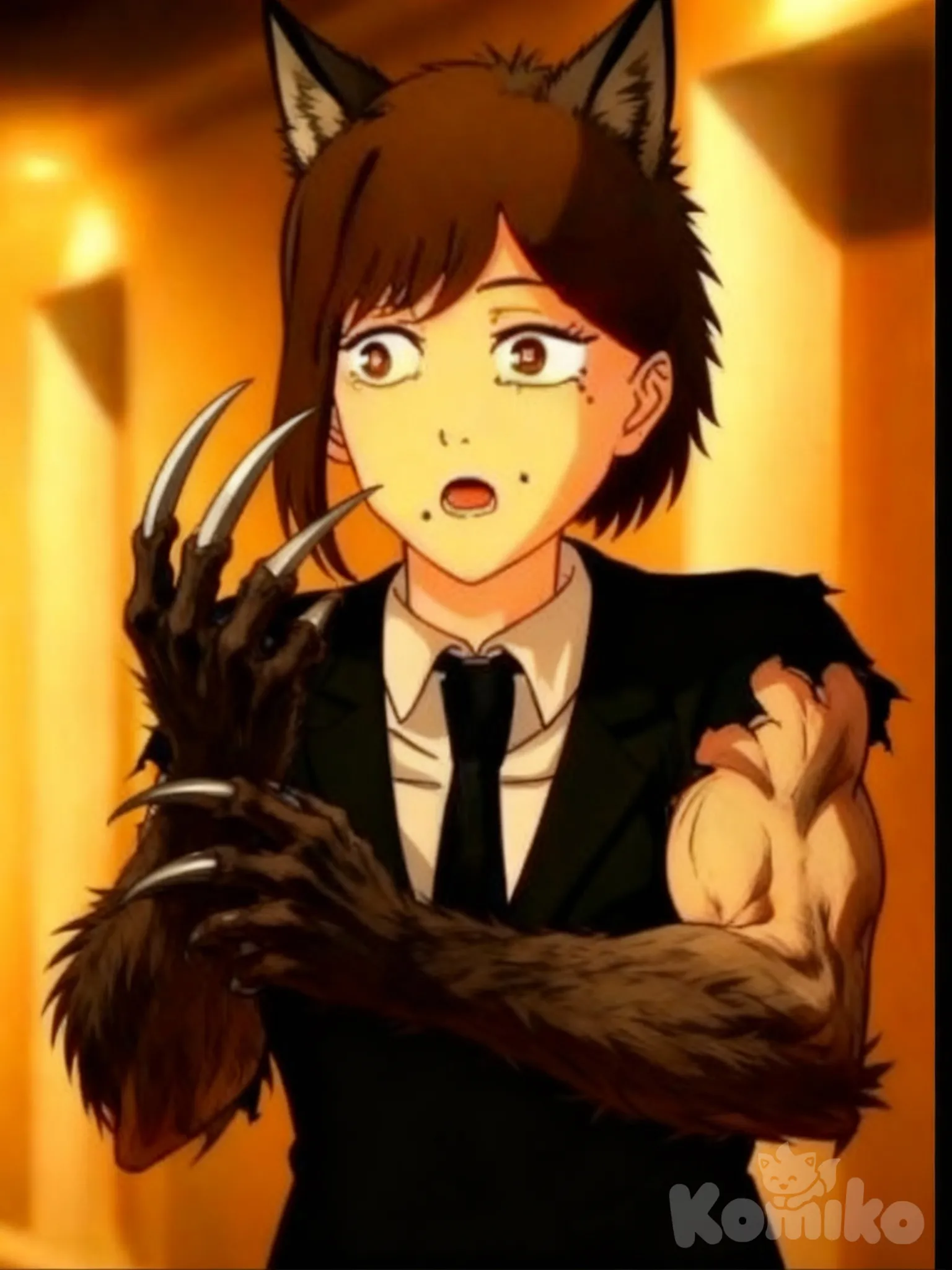 18 luego de eso ell empieza a temblar y de la nada sus manos se vuelven manos de lobo y sus mangas de su traje se rompen revelando sus brazos músculos y le salen orejas de lobo