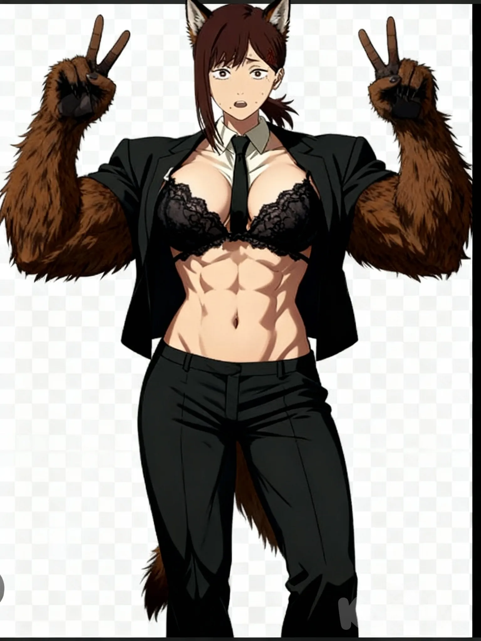 18+ sus brazos son músculos y su cuerpo está en una abdominal perfecta pero de la nadas sus pechos crecen rompiendo el sostenedor de encaje negro dejando sus pechos expuestos y sus brazos musculosos se cubren en pelo café mientras aún conserva las manos de lobos y kas orejas y el abdominal que le salió