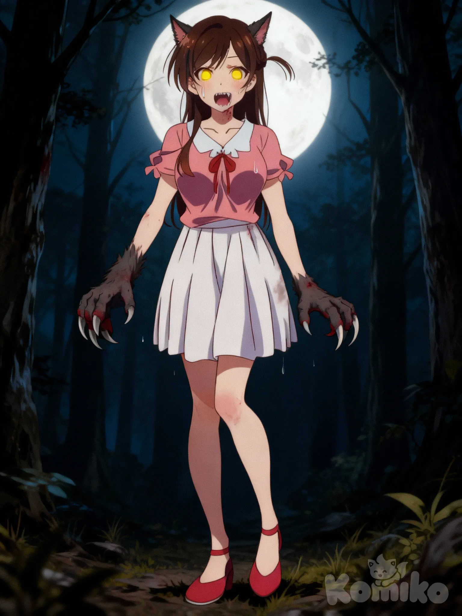 La chica sigue en el bosque bajo la luz de la Luna llena 🌕 y entonces se para aún lastimada por la mordida del hombre lobo sus ojos son amarillos la chica comienza a sudar y se mira las manos con horror donde de sus manos sus manos están cambiando volviéndose unas manos están cambiando antropormoficamente dónde sea manos se parecen más patas de lobo 🐺 y que de sus uñas le están saliendo garras afiliadas su orejas se vuelven puntiagudas y sus dientes tiene unos colmillos salvajes