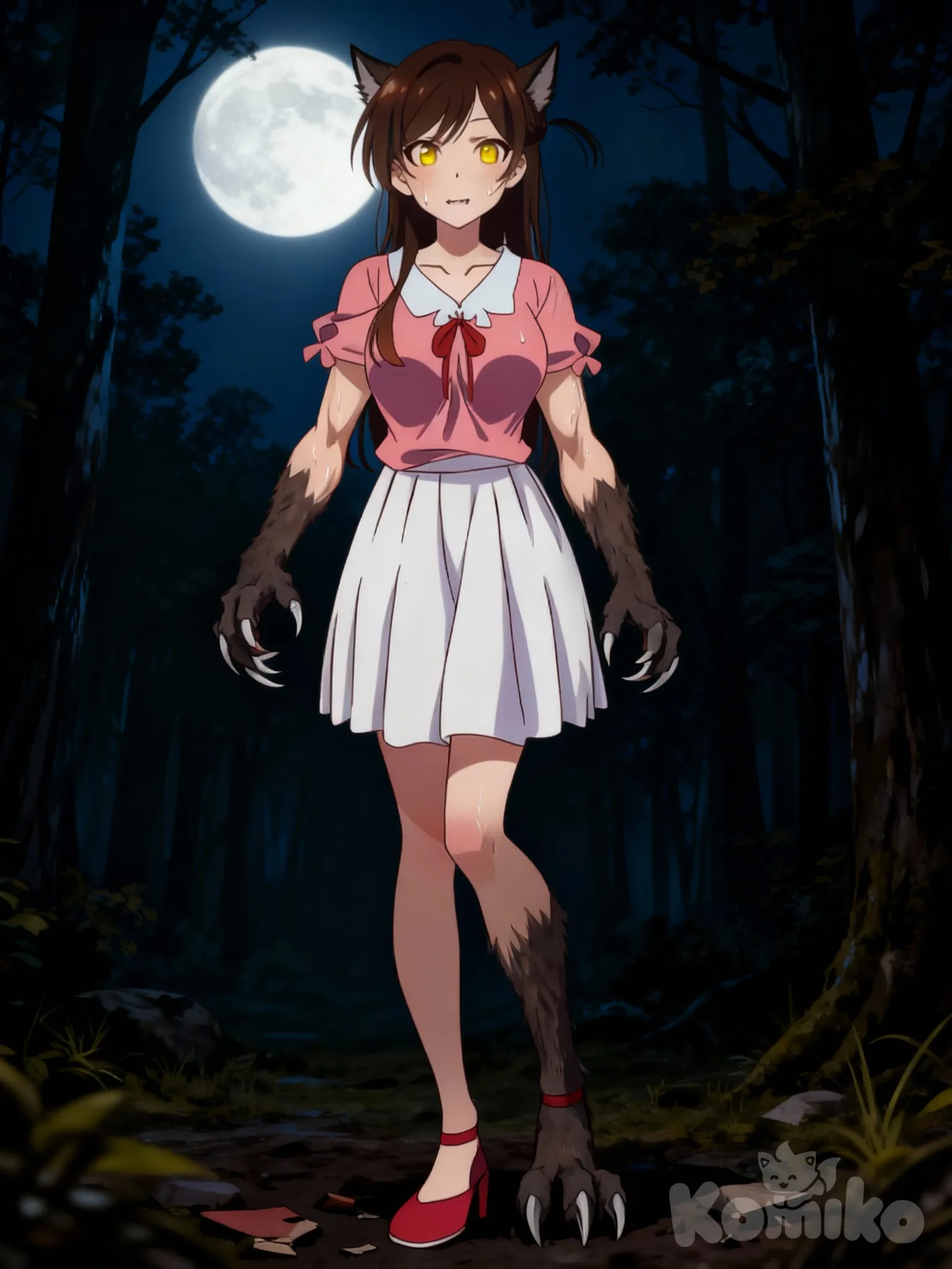 +18 la chica sigue en el bosque bajo la luz de la luna llena 🌕 la chica siga sudando y sus ojos siguen amarillos sus manos se ha convertido en una forma que parecen patas de lobo y sus orejas se volvieron puntiagudas casi como las orejas de un lobo y de sus boca salieron unos dientes afilados que forman unos colmillos de lobo ella sigue sudando sus brazos adquieren cierta musculatura 💪 y de sus pies parecen que sus tacones van a romperse por qué de ellos su dedos de sus pies salen pero también en la uñas de sus pies se rompieron para salirle garras y sus pies empezaron a tomar también forma de patas de lobo