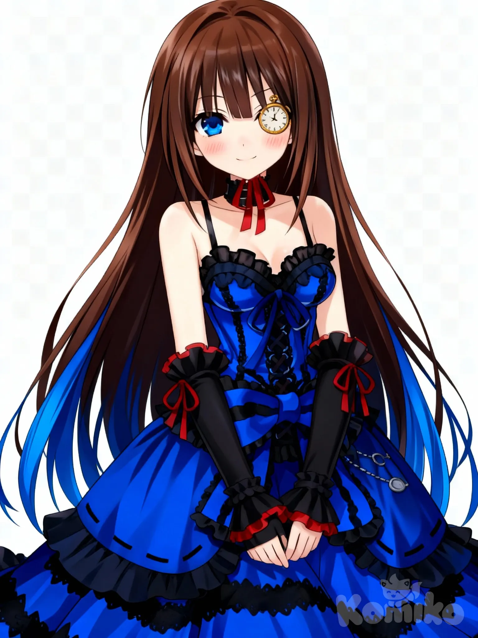 Es una chica tímida con lentes grandes con vestido azúl con negro estilo gótico su pelo es café con tintes azules en las puntas y un ojo es azul 💙 y el otro es dorado con un reloj en el tiene expresión tímida