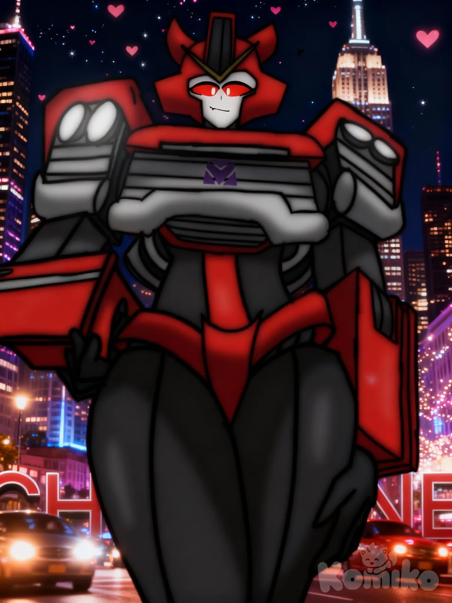 La chica robot está en una cita con una ciudad 🏙️ atrás de ella iluminada por todos los faros creando un ambiente romántico