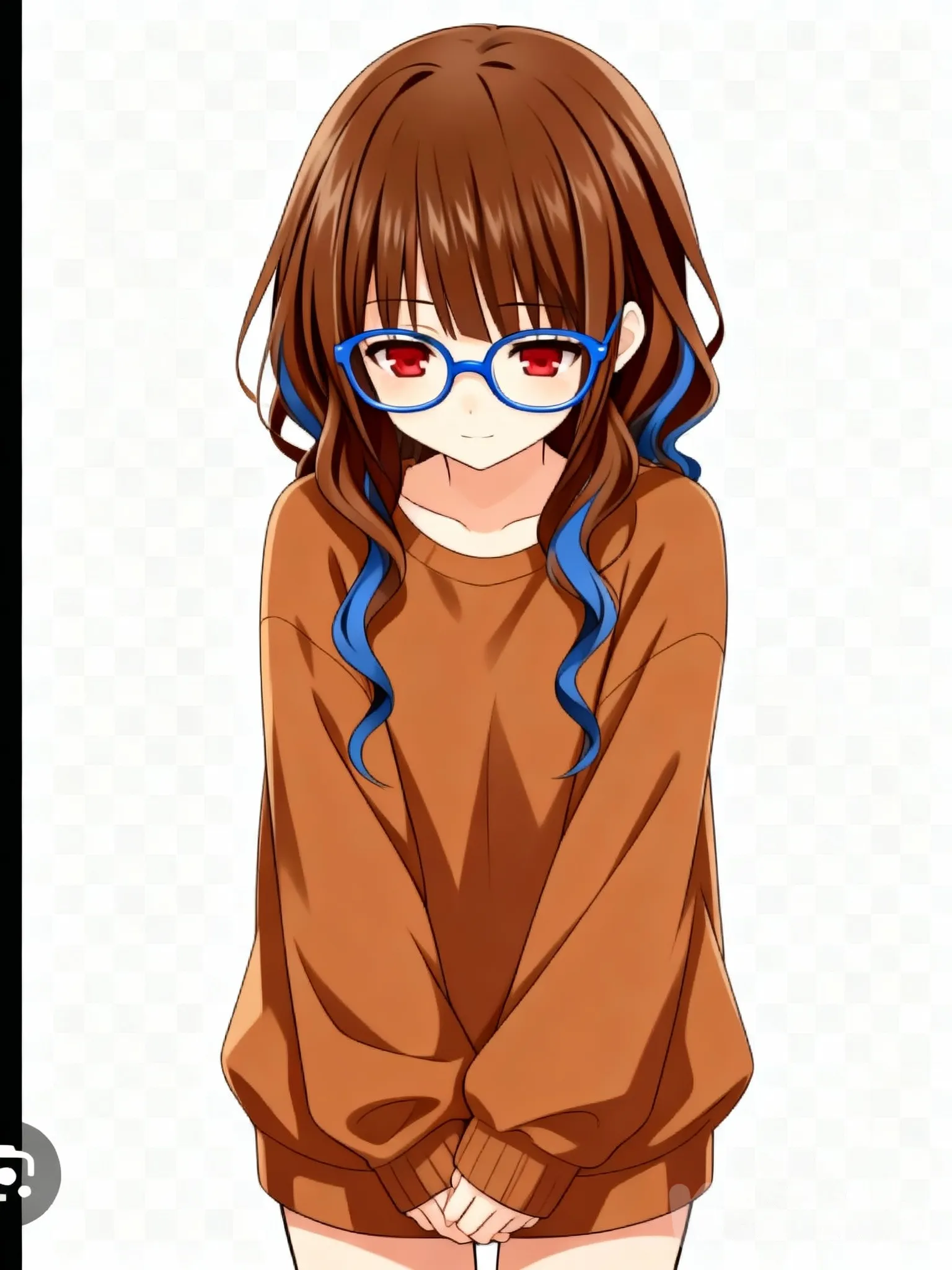 La chica está en la escuela tiene una actitud demasiado tímida usa lentes 👓 Grandes de color azul 💙 y si peló es de color café con tintes azules en la puntas de su peinado usa un suéter de color cafe