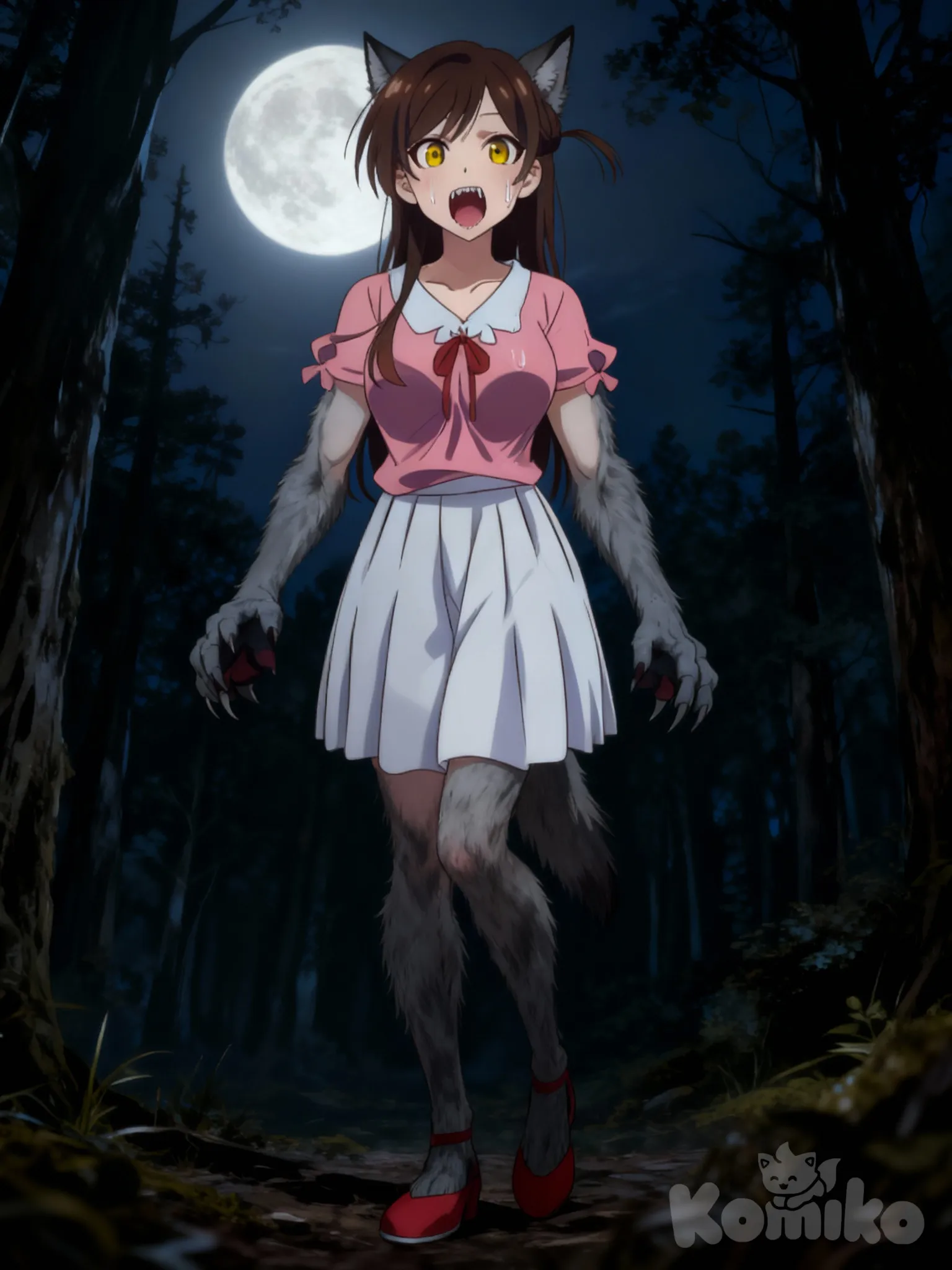 +18 la chica sigue en el bosque bajo la luz de la luna llena 🌕 sus ojos se han vuelto amarillos y en su boca tiene colmillos la chica está horrorizada y sus orejas se han vuelto puntiagudas y sus brazos han adquirido una musculatura leve y se han cubierto de pelo gris sus manos han cambiado antroporficamente a pata de lobo ahora su camisa 👚 rosa ha mostrado leves señales de que se está rompiendo por el cambió y en sus piernas estás adquieren una leve musculatura y un poco de pelo cubre sus piernas