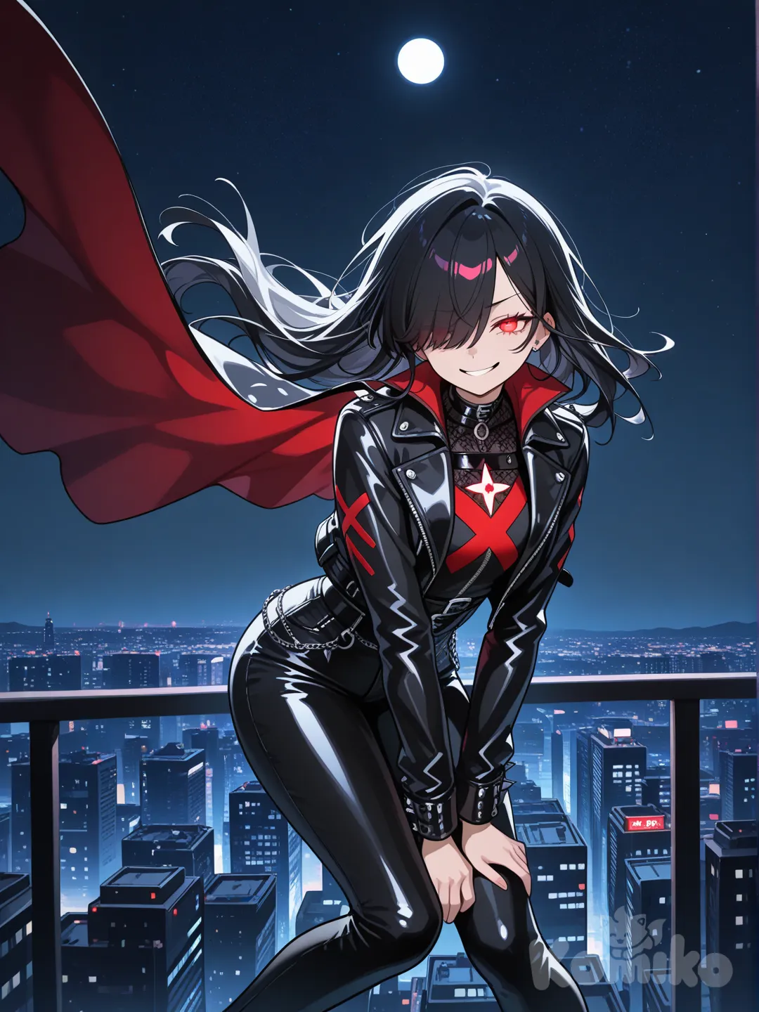 anime coloring chica de pelo negro con estilo gótico que cubra su ojo derecho ojos de color rojo intenso con un sonrisa confiada y siniestra con un traje tipo de heorina que parezca como si la personaje usará una chamarra de cuero con jeans de color en negro en el pecho del traje tiene una X gigante de color rojo intenso y una capa del mismo tipo de color rojo la chica se encuentra frotando en la noche junto a una ciudad nocturna y atrás de ella la 🌑