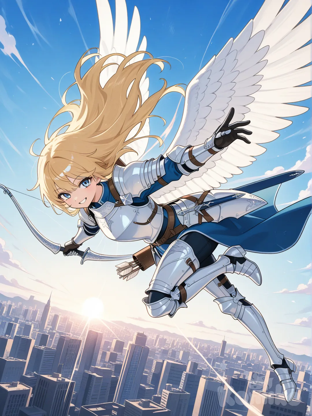 anime coloring chica pelo cabello rubio y ojos de color azul 💙 celeste con una sonrisa amable y cariñosa con armadura tipo celestial y con alas de angel blancas en su espalda y una espada de color azul 💙 y un arco 🏹 con flecha detrás de su espalda y está está volando con la ciudad de dia atrás de ella está el sol