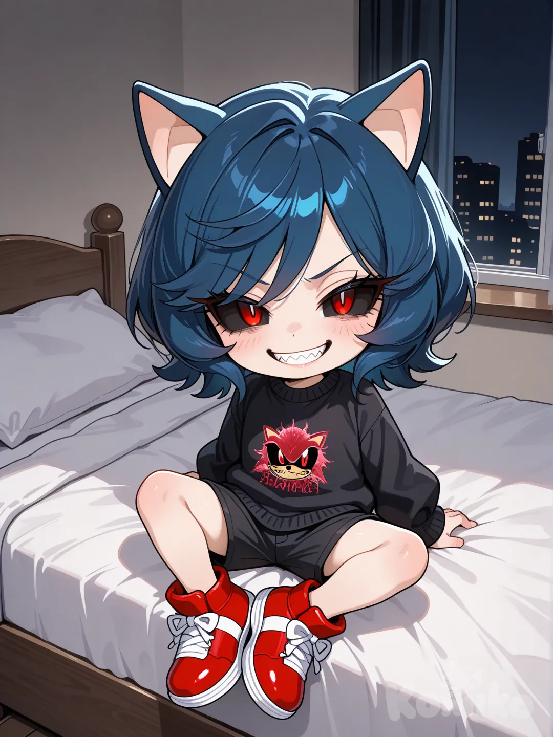 +18 Chica con pelo azúl oscuro con orejas de erizo con ojos negros y pupilas rojas con dientes puntiagudos con usa sonrisa siniestra en su rostro y con un suéter de color negro y con shorts igual de ese color con tenis de color rojo como los de Sonic sentada en una cama infantil y que la chica tenga 18 años c