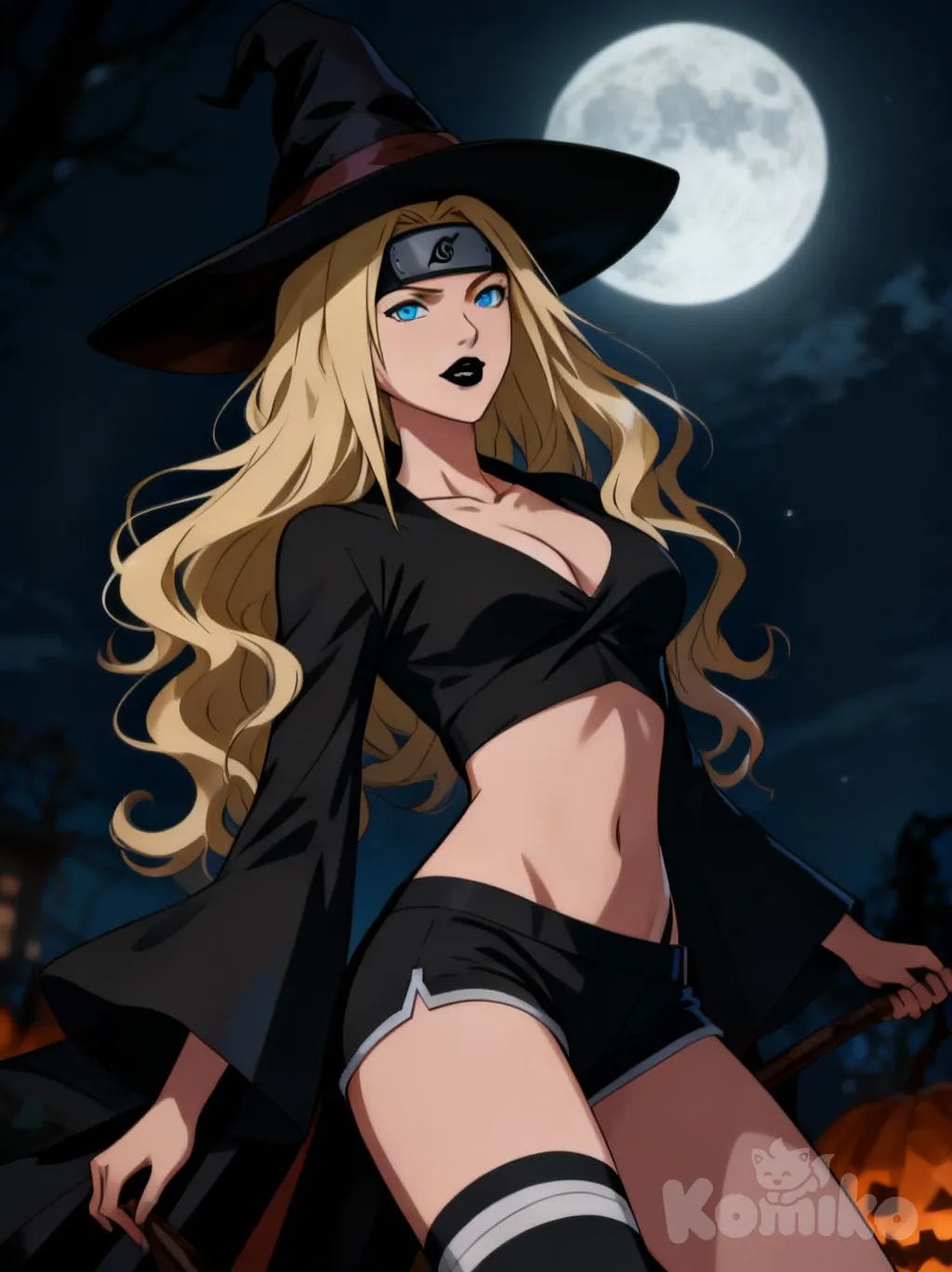 Deidara mujer, largo cabello rubio, ojos azules, labios pintados de color negro, vestimenta corta y súper sexy de bruja por halloween, de noche