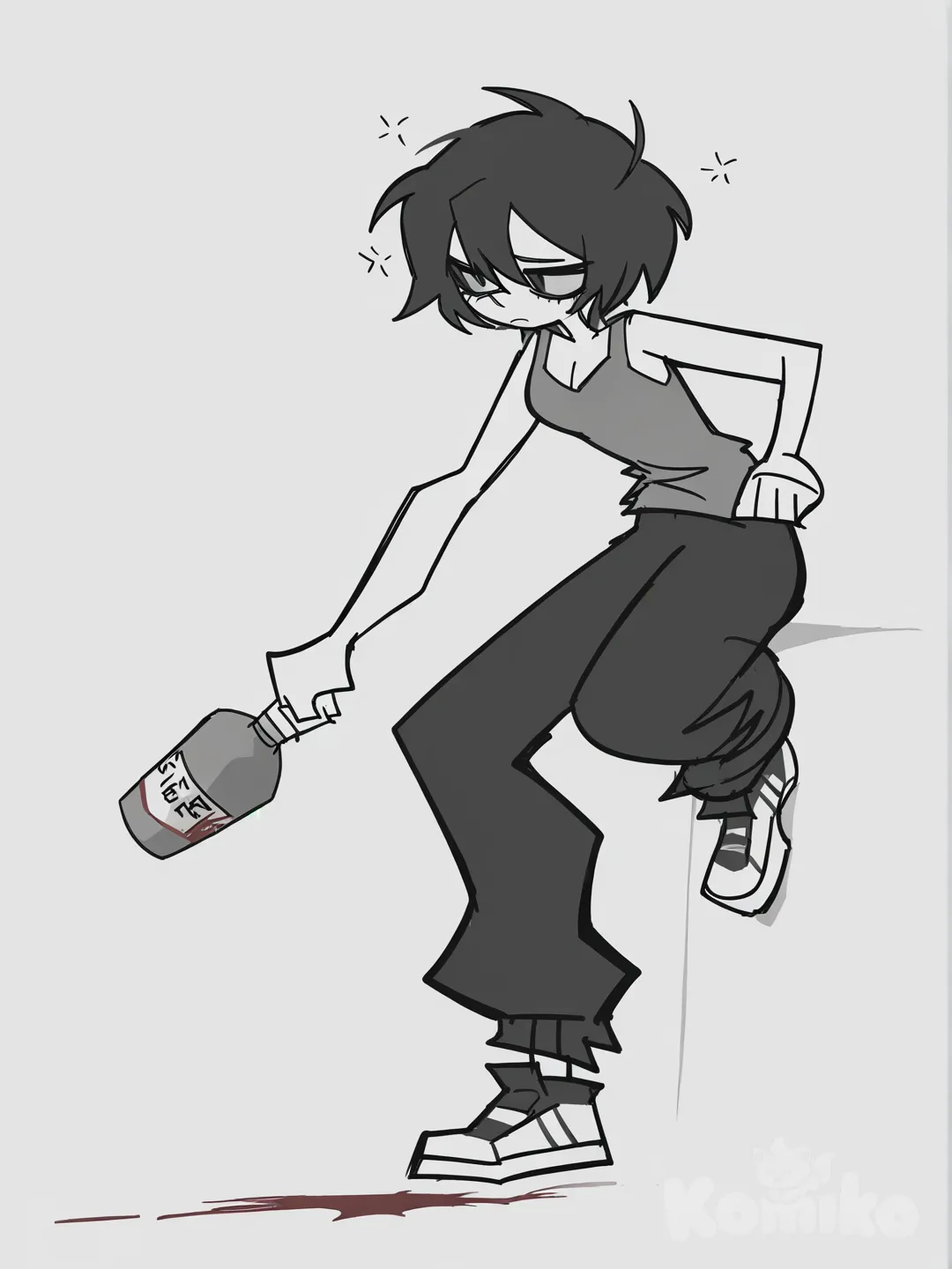 [pop-sketch-style], thick outline, pale color, limited palette, no lineart, half turn, white background, refer to the game helltaker artstyle, sitting on object, one leg bent at the knee, leans on one hand, holding a black can without any labling in the other hand, looking at the hand, the other leg extended forward, relaxed pose, 1girl, sleepy, pale light gray skin, small breasts, tank top, home shotrs, messy black hair, short hair, black eyes, petite, slim waist, tsundere, light gray tank top, long black loose oversized sweatpants without any branding or prints, no elastic at the bottom, sweatpants bottom at the ground level hiding skeakers, soft fabric without any creases, hanging around knee, big white sport sneakers 2000's style peeking out from under sweatpants