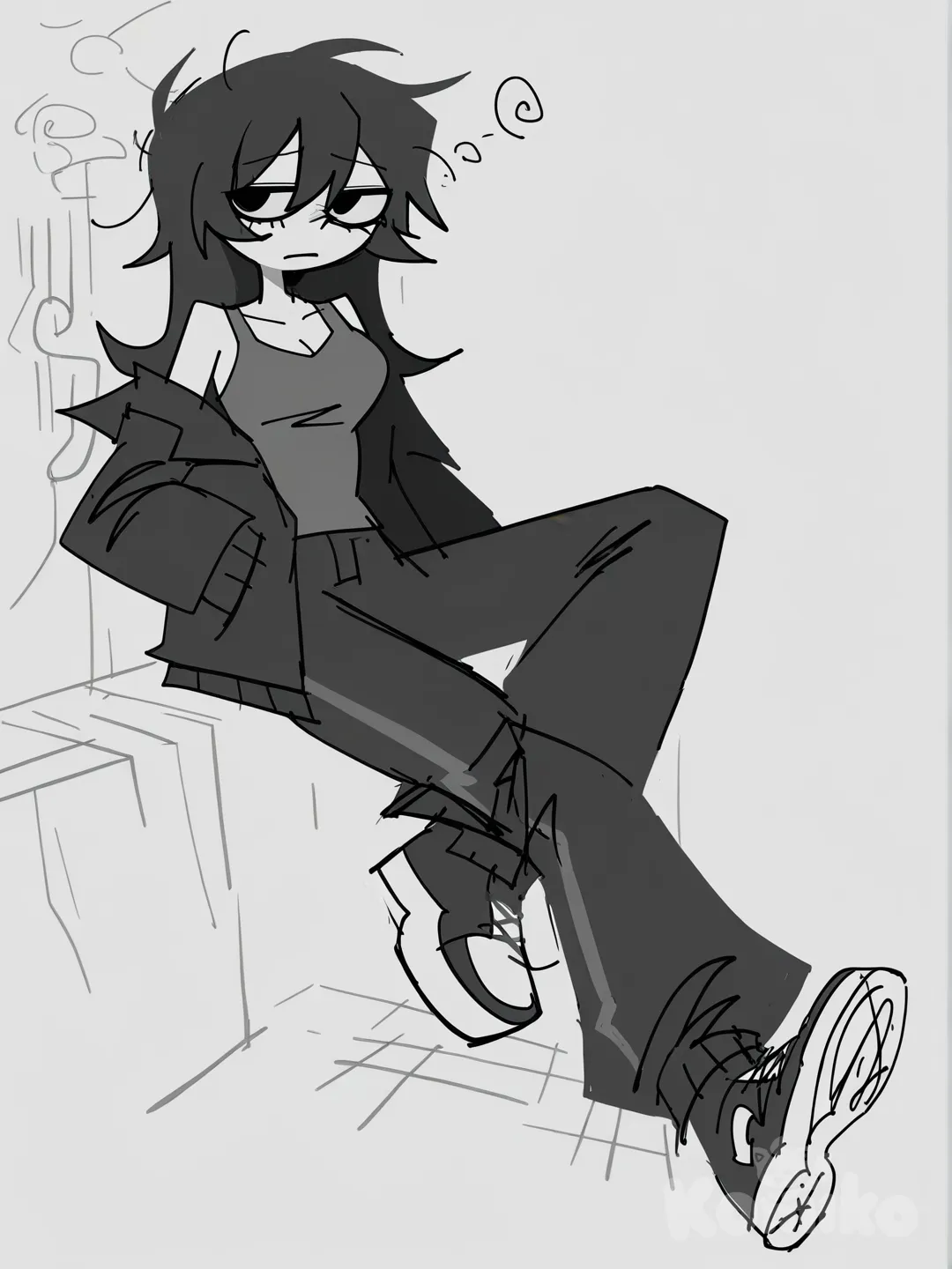 [pop-sketch-style], thick outline, pale color, limited palette, no lineart, front faced to viewer, white background, refer to the game helltaker artstyle, sitting on object, lean against the wall, one leg bent at the knee and touching the wall with the sole of her sneaker, and the other leg remains straight. One hand should be in the pocket and the other should be holding a black colored soda can without any branding, looking at the can she holding, relaxed pose, leans back against the wall, 1girl, sleepy, pale skin, medium breasts, sharp facelines, messy black hair, short hair, black eyes, petite, slim waist, tsundere, light gray tank top, long black loose oversized sweatpants without any branding or prints, no elastic at the bottom, bottom at the ground level, soft fabric without any creases, hanging around knee, big white sport sneakers 2000's style peeking out from under sweatpants