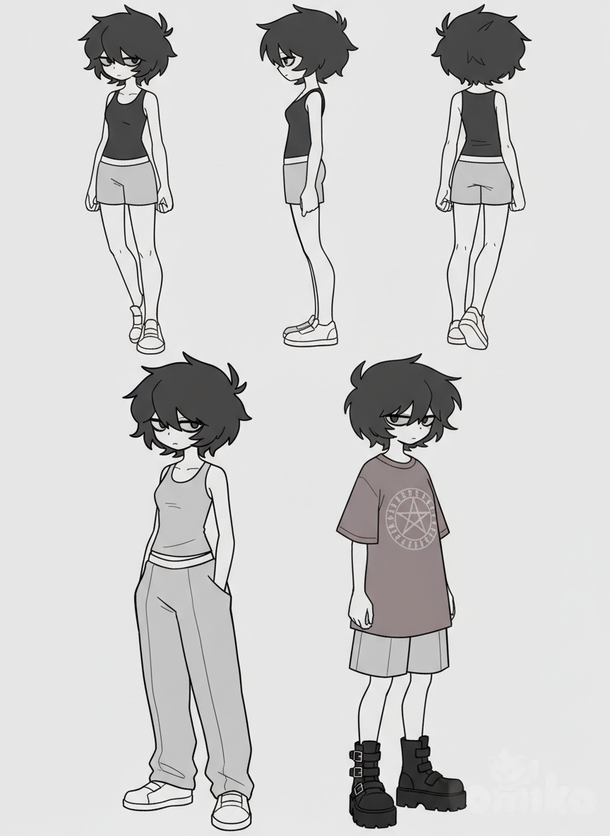 save original artstyle, thick outline, pale color, limited palette, no lineart, harsh lines, straight lines, draw in two different outfits, first outfit: tank top with oversized sport pants without any logos or prints plus white sneakers peeking out from under oversized pants, second outfit: oversized dark red t-shirt with occultic or gothic print and simple oversized shorts without any prints plus black low gothic boots on high platform new rock style. On upper half of the image must be three full height perspective of the character in tank-top and home shorts: front, side and back. On lower two images in outfits, that i discribed earlier