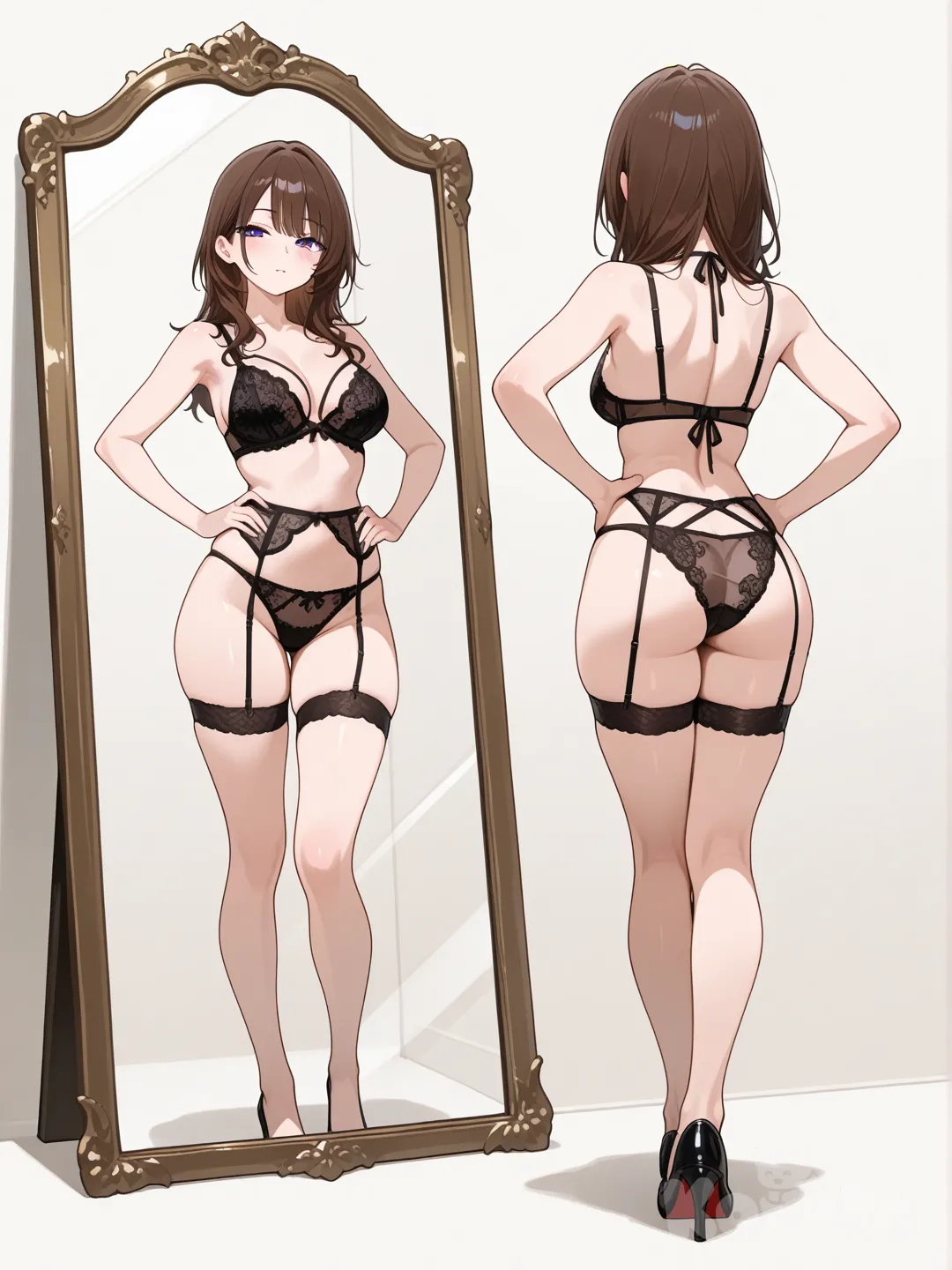 Una chica atractiva, usando mini lenceria posando de frente a la cámara y las manos en las caderas, mientras un gran espejo detrás refleja elegantemente su espalda y para mostrar todo el cuerpo