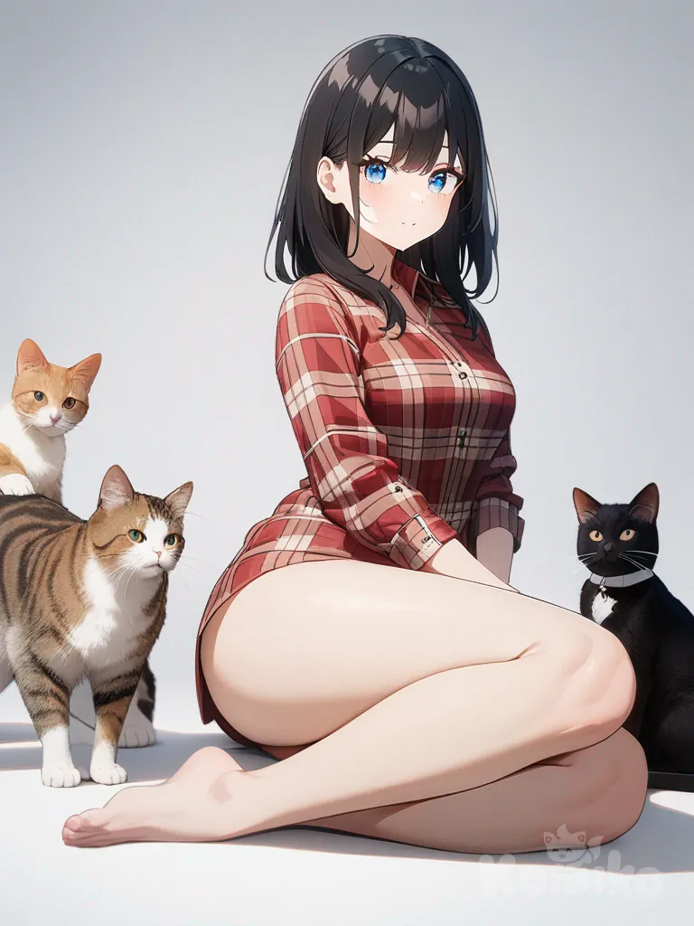 1girl, gato, cabello negro, tetona, nalgas, 18 años, sexy, desnuda, blue eyes, plaid shirt, single character, full body, looking at viewer, anime style, simple background, white background