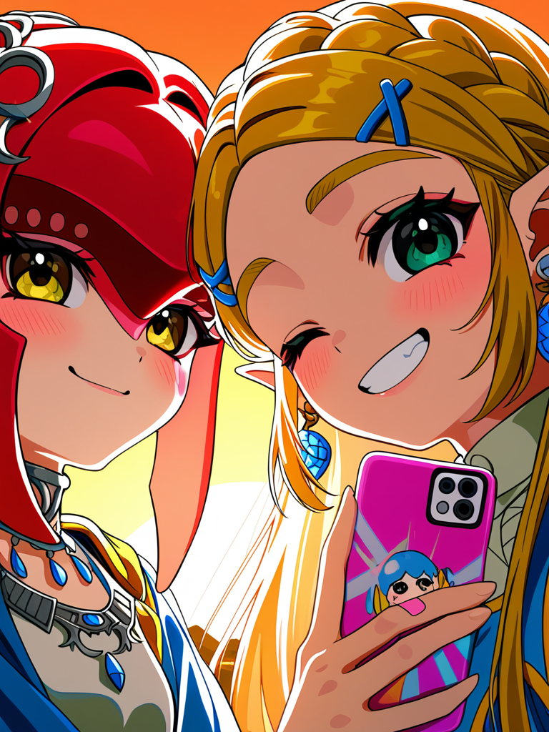 [vivid-close-up-style], Mipha, Princess Zelda, medium long shot, backlight, sunset sky, laughing, one eye closed, back to back, group selfie, smirk, smile
