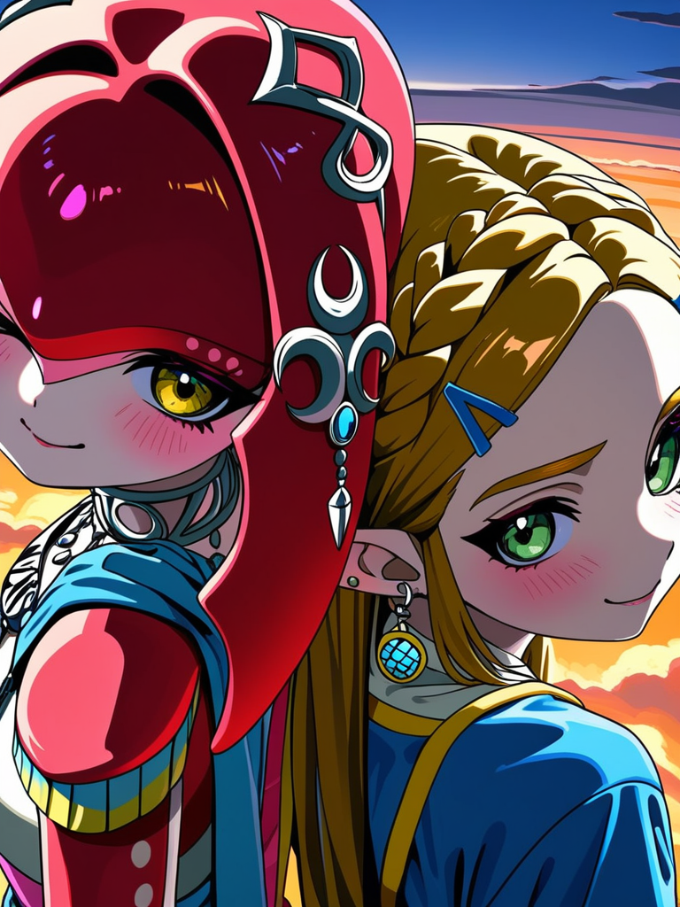 [vivid-close-up-style], Mipha, Princess Zelda, medium long shot, backlight, sunset sky, one eye closed, back to back, smirk, smile, group battle pose, from above