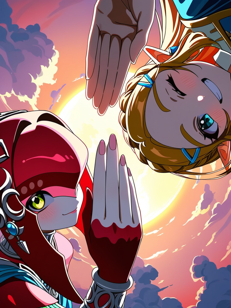 [vivid-close-up-style], Mipha, Princess Zelda, medium long shot, backlight, sunset sky, one eye closed, smirk, smile, group battle pose, from above, high five