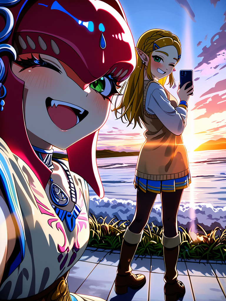 [vivid-close-up-style], Mipha, Princess Zelda, medium long shot, backlight, sunset sky, one eye closed, smirk, group selfie, back to back, laughing, smile, full body