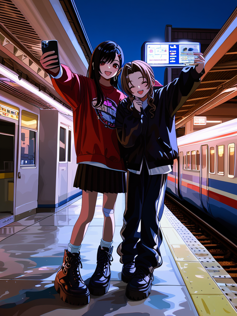[vivid-close-up-style], laughing, evil smile, streetwear outfit, combat boots, twilight, train station, group selfie, medium long shot, full body, Aerith Gainsborough, Tifa Lockhart